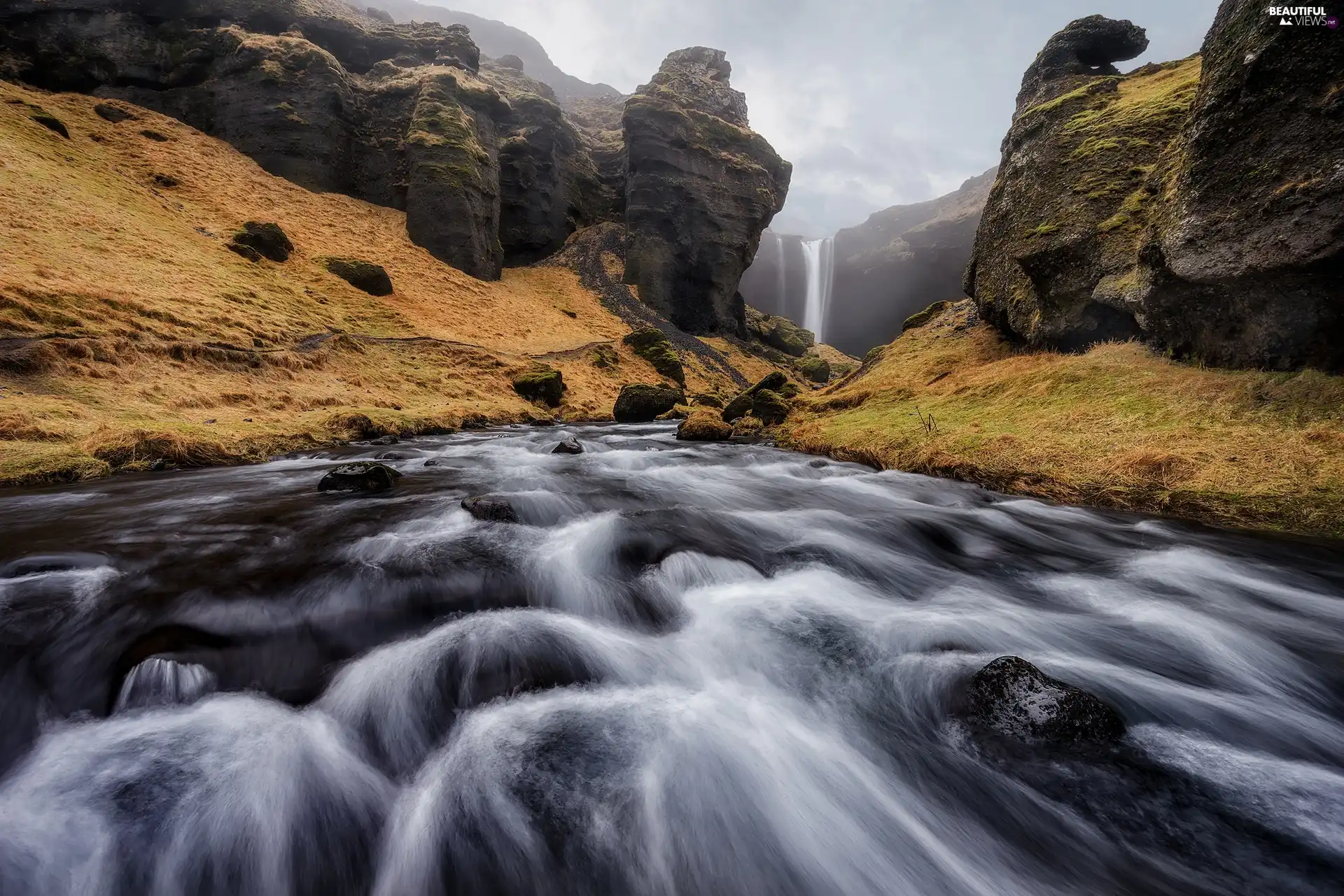 rocks, Kvernufoss Waterfall, Kverna River, Fog, Stones, iceland