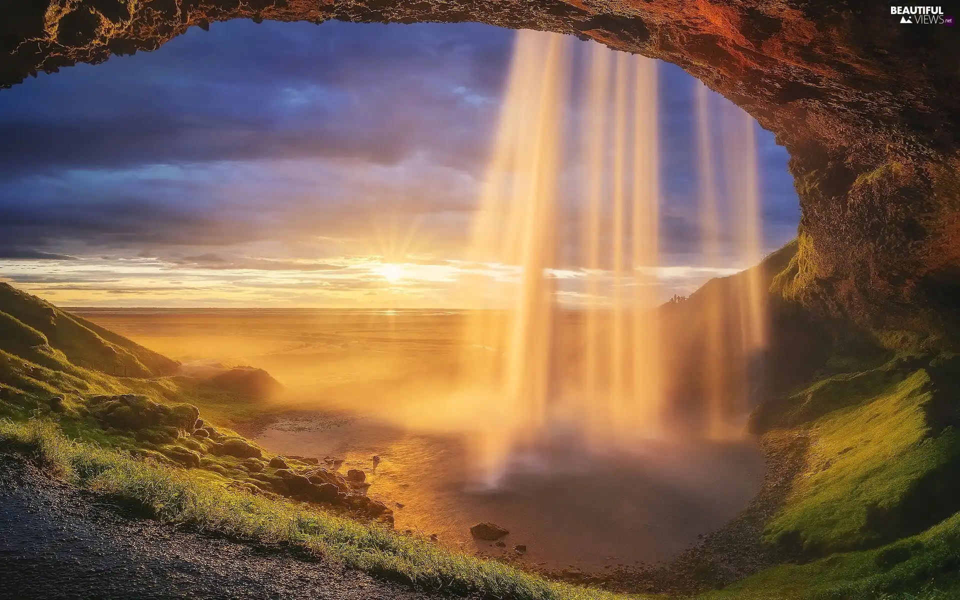 rocks, Great Sunsets, iceland, Seljalandsfoss Waterfall