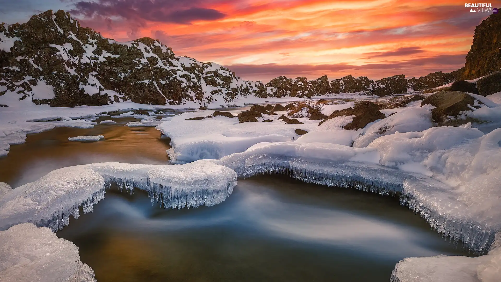 snow, icicle, Mountains, River, winter