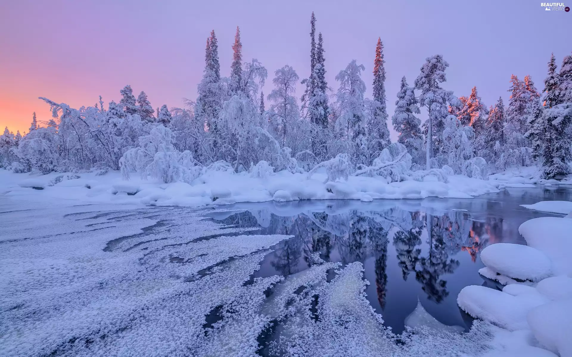 trees, River, Snowy, Icy, winter, viewes, drifts