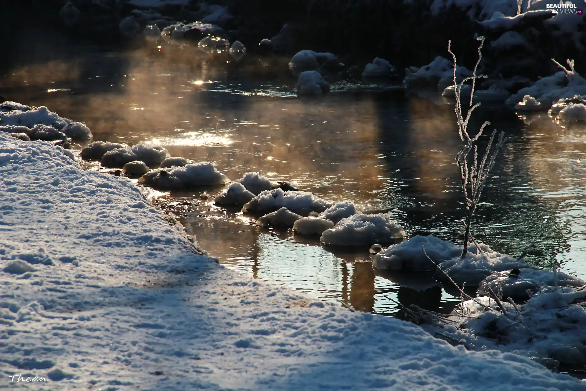 icy, Stones, winter, stream, snow