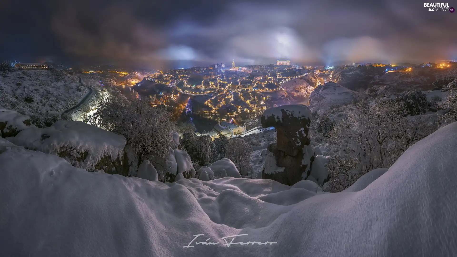 illuminated, Night, trees, Toledo, viewes, winter, snowy, Spain, Town, Hill
