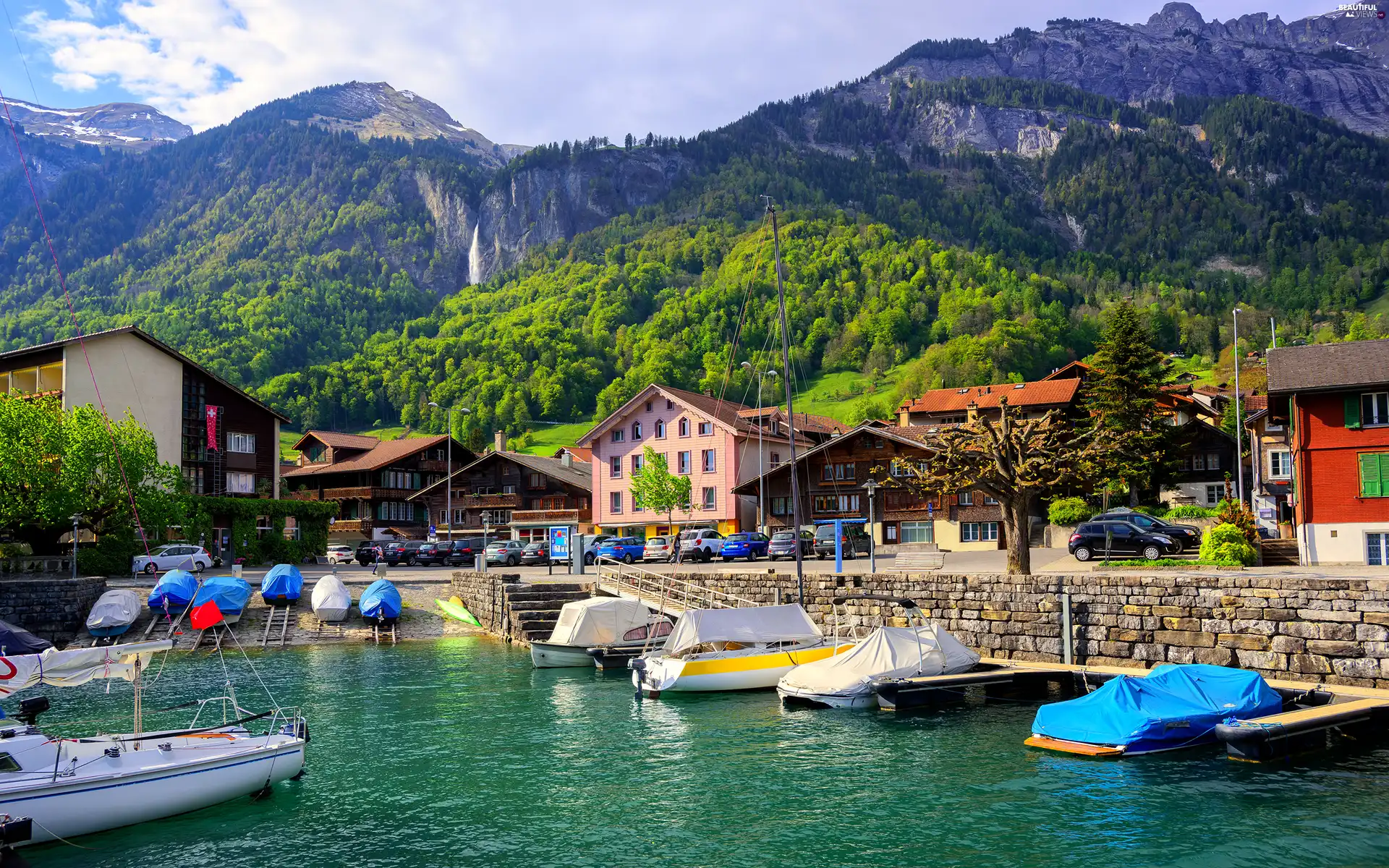 Interlaken, Canton of Bern, Mountains, Harbour, Houses, Town, Switzerland, boats