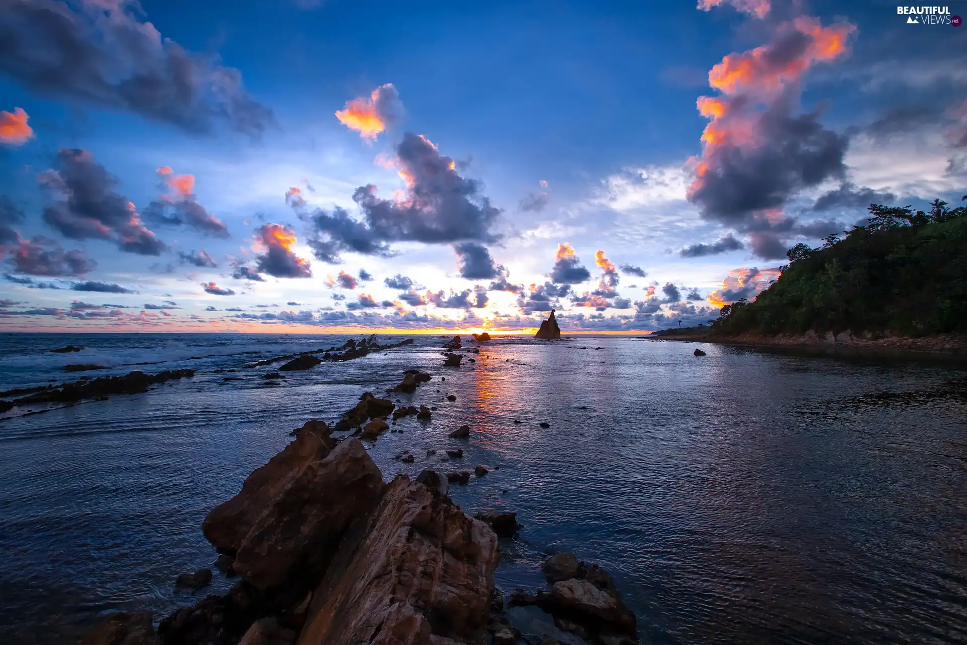 Island of Java, sea, Great Sunsets, clouds, rocks, indonesia