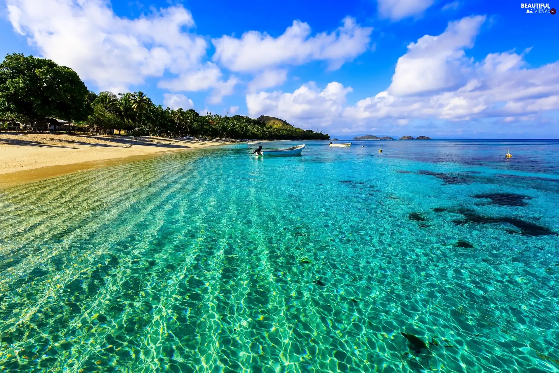 Beaches, sea, Dravuni Island, Fiji, boats, Coast