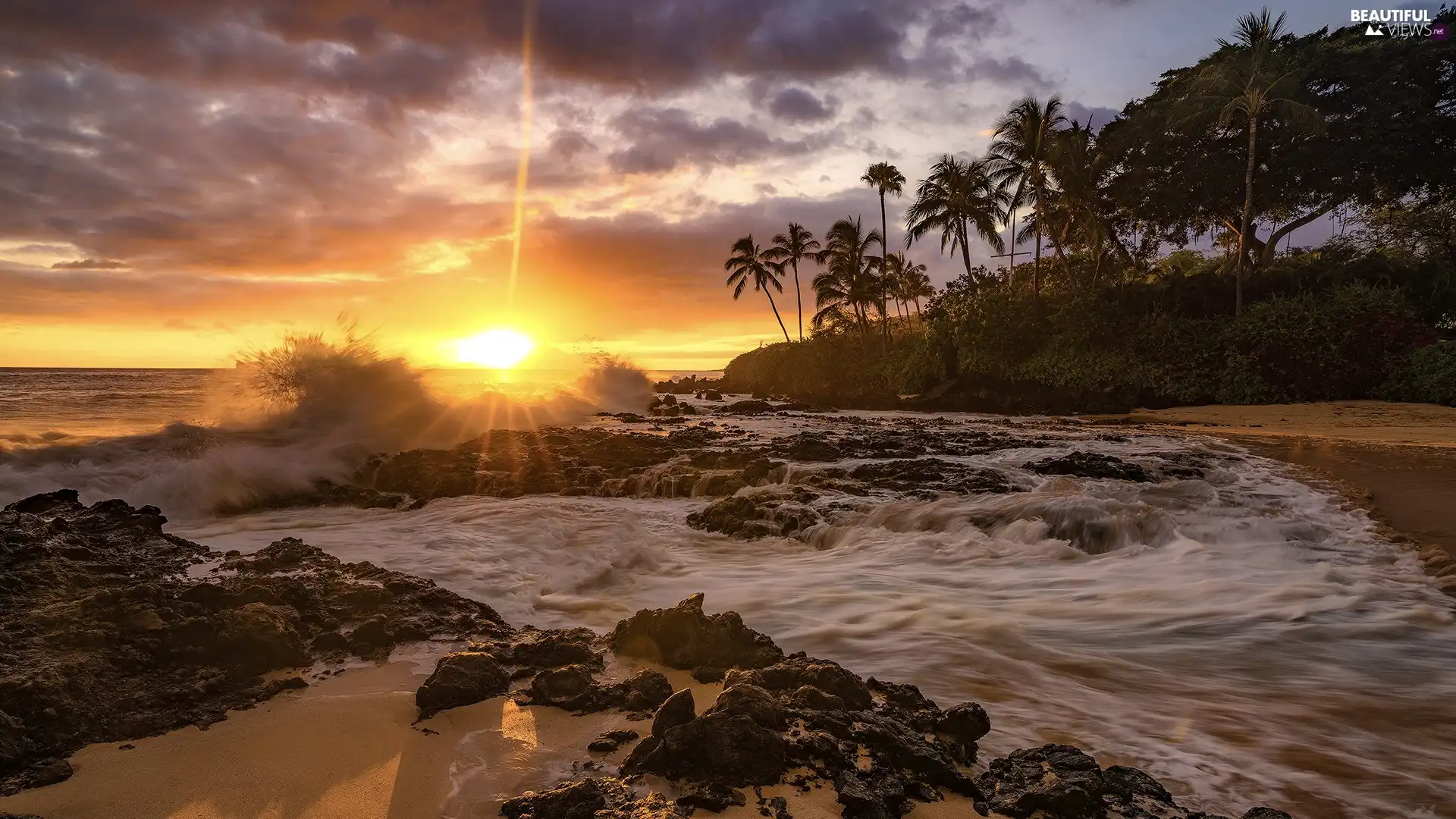 Aloha State Hawaje, The United States, Maui Island, sea, Palms, rocks, Great Sunsets, Beaches, Tides
