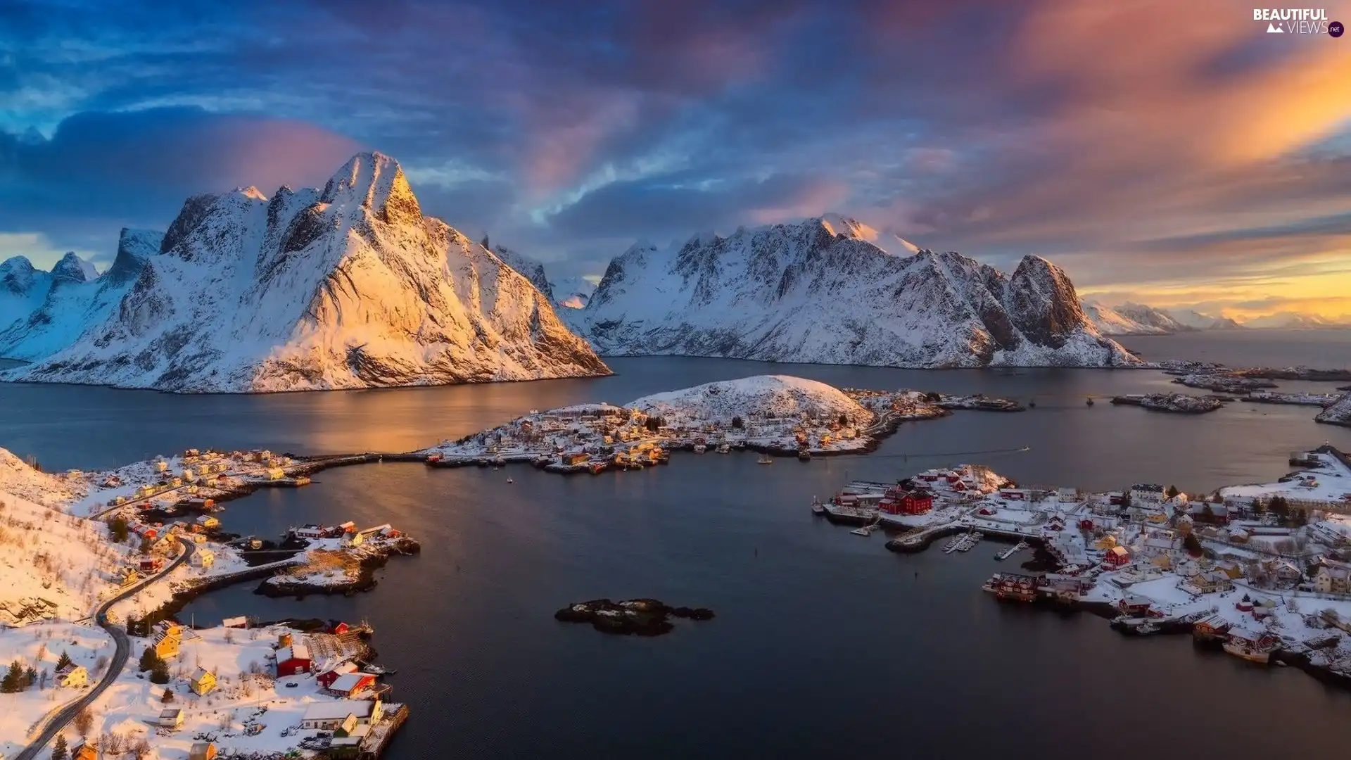 Reine Village, Lofoten, Sunrise, Moskenesoya Island, Norway, Mountains, clouds