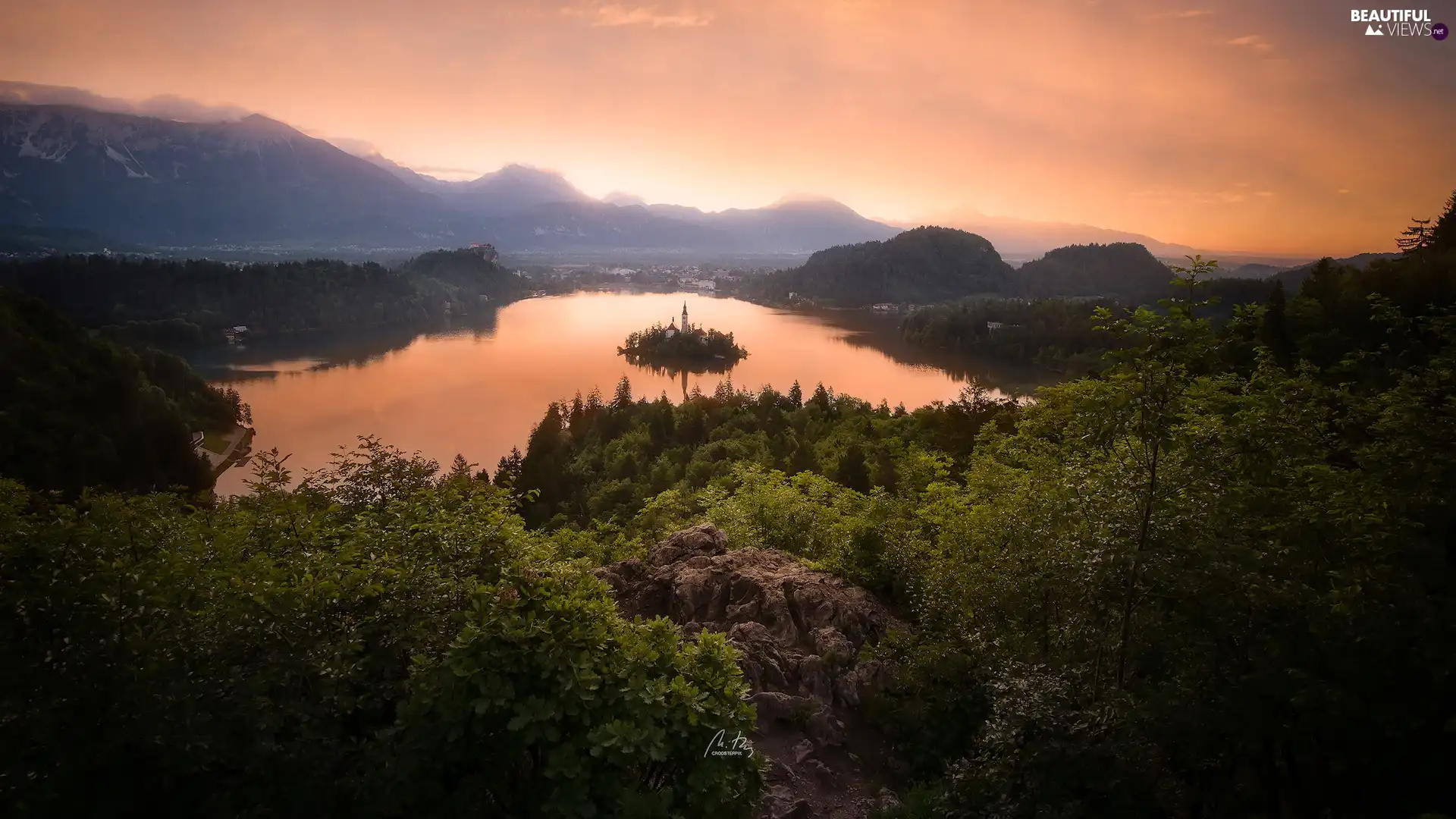 Island, Bled Island, Mountains, Church, forest, Lake Bled, Slovenia, Sunrise