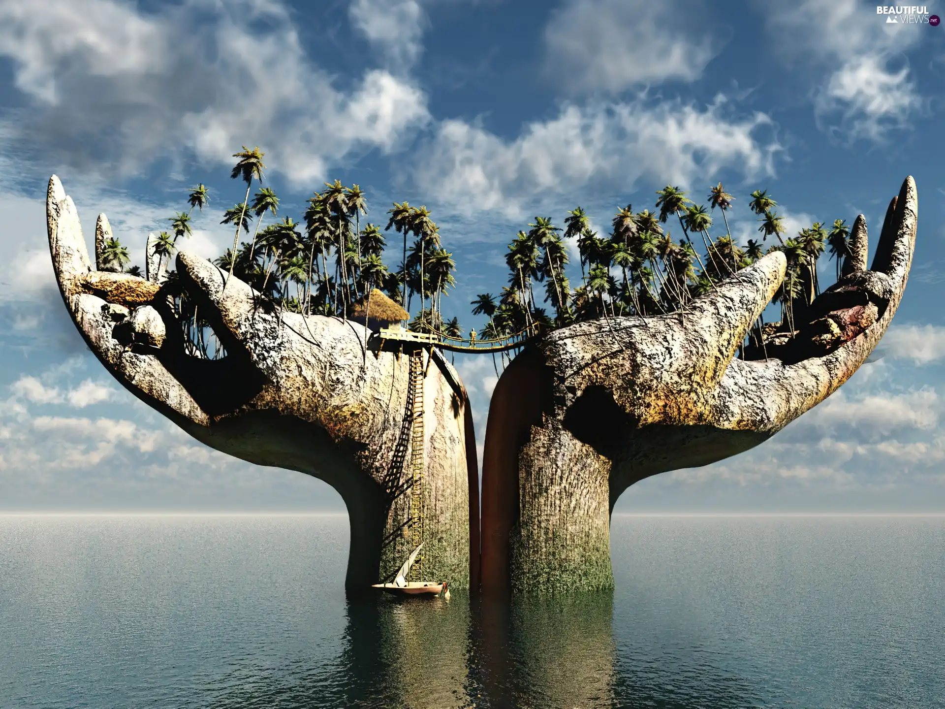 Stone, Palms, Island, hands
