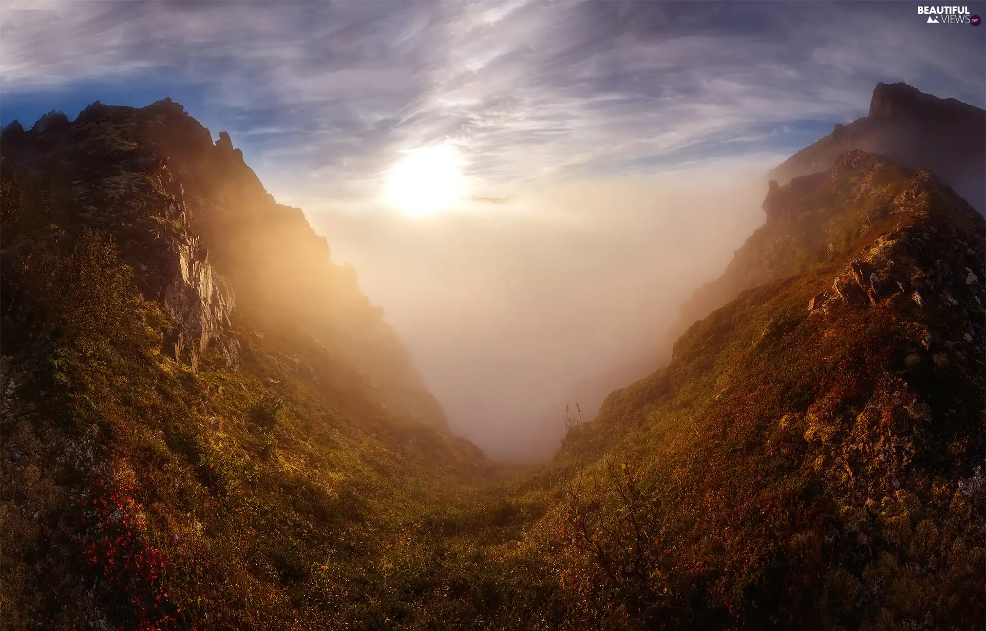 Mountains, Norway, Fog, piercing the sun, Valley, Senja Island