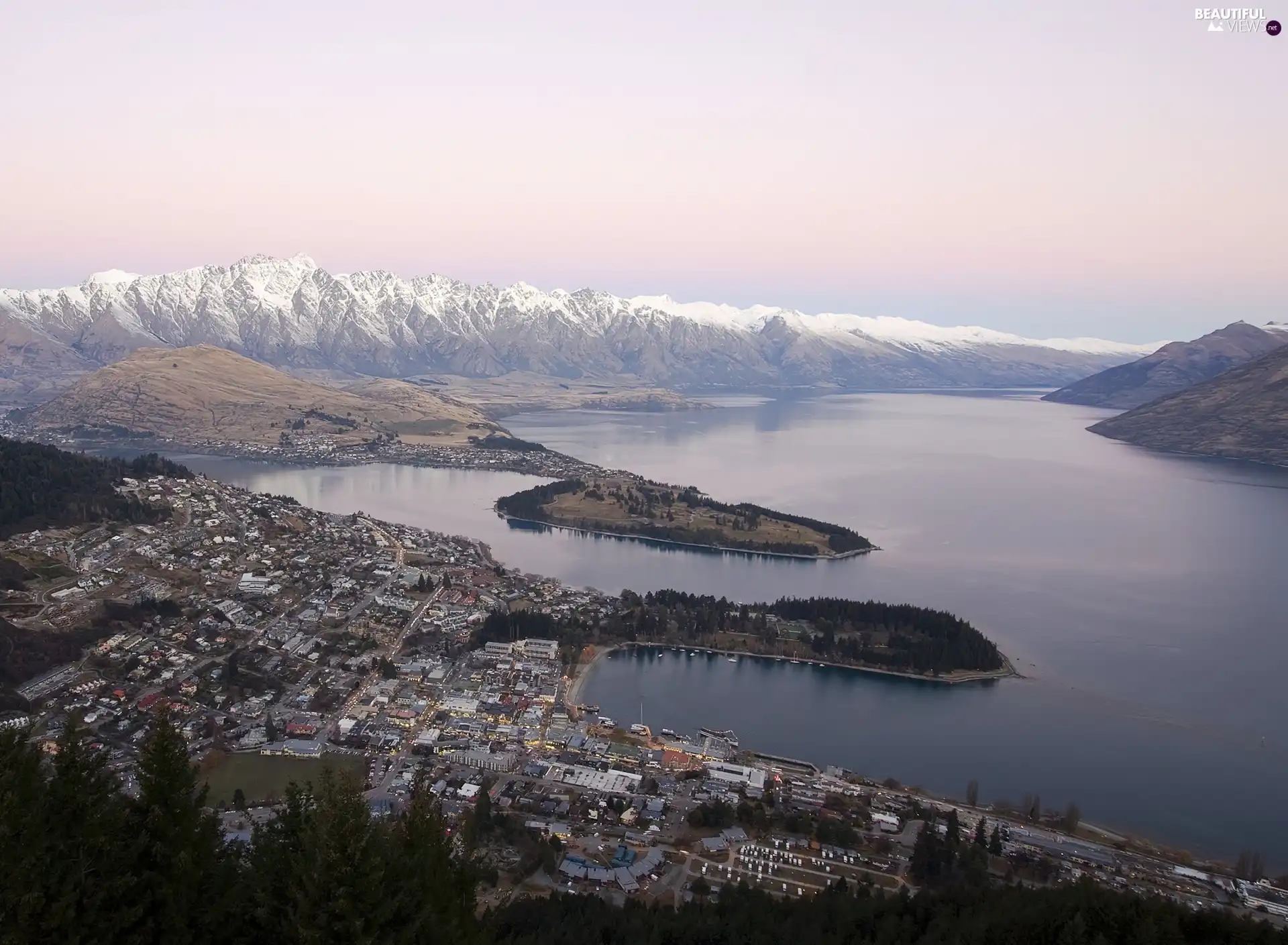 mountain, Town, Islands, lake