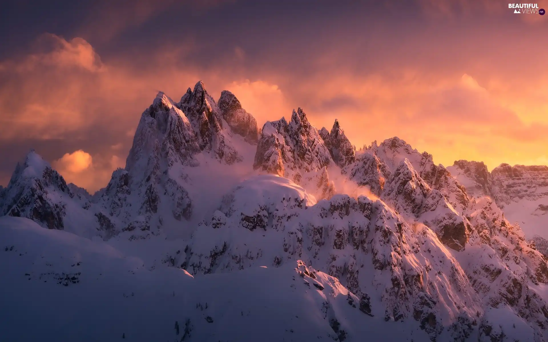Dolomites, winter, clouds, Italy, Great Sunsets, Mountains