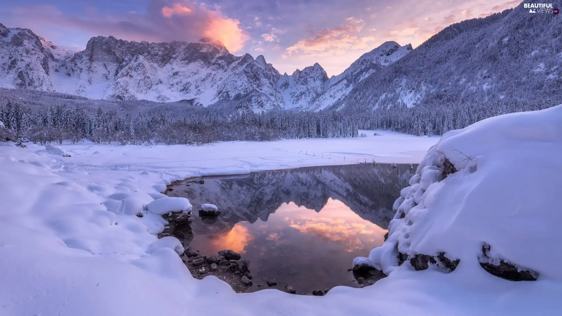 Laghi di Fusine Lake, Udine Province, lake, Julian Alps, Italy, Mountains, winter