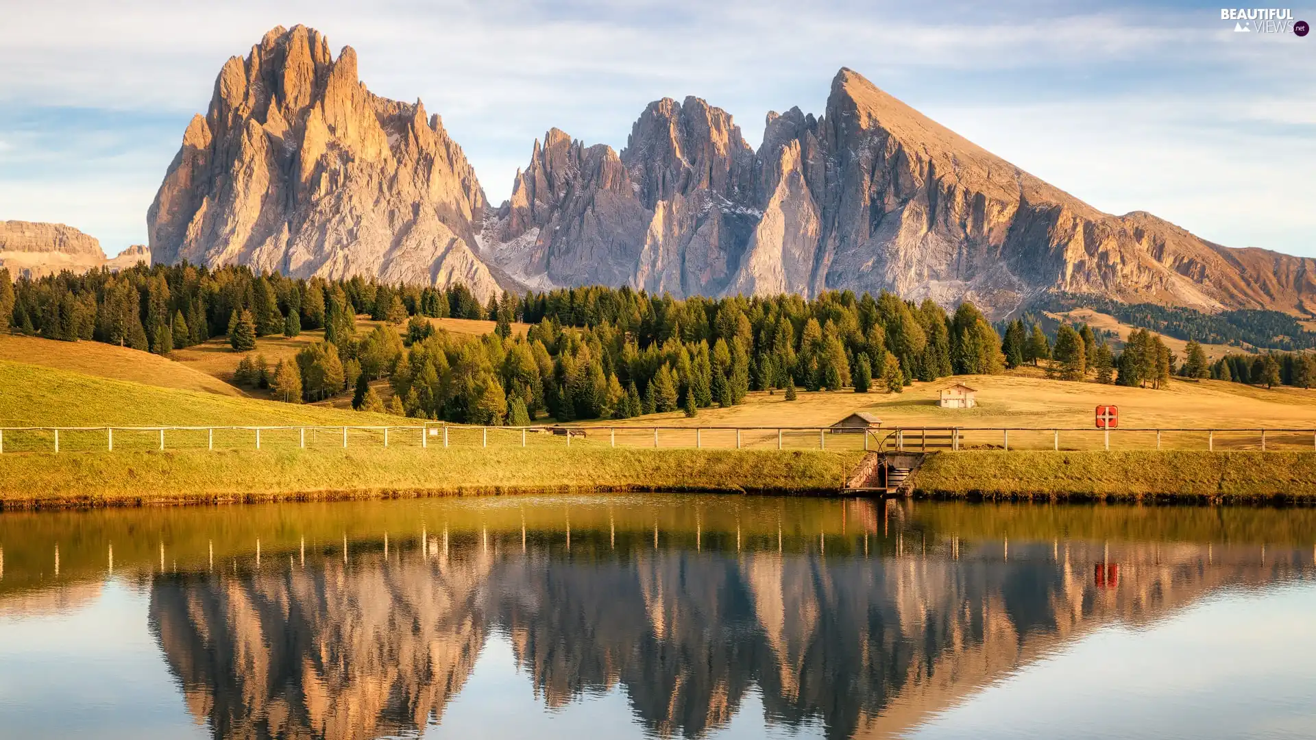 Dolomites, Mountains, Schlern Mount, trees, Tirol, Italy, Pond - car, Houses, viewes