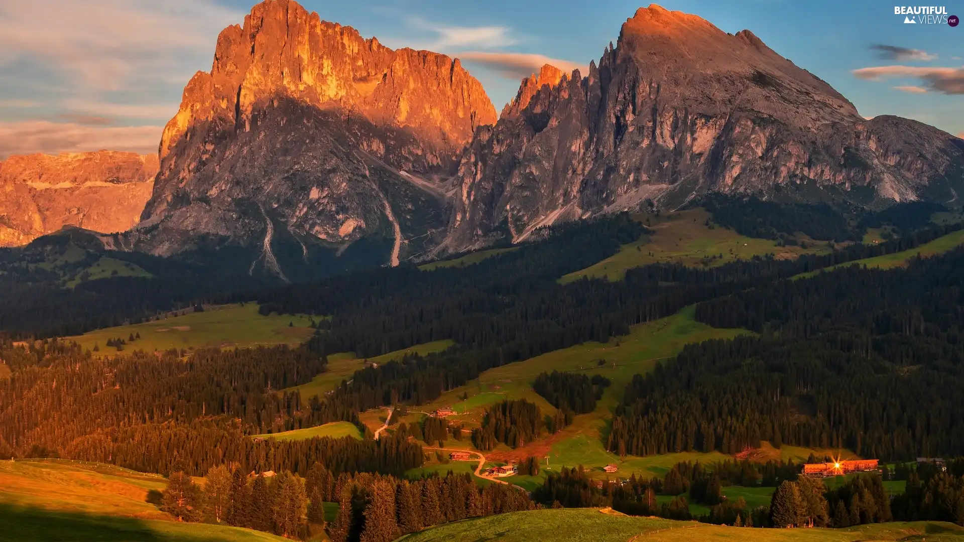 trees, Dolomites, woods, Italy, viewes, Sassolungo Mountains