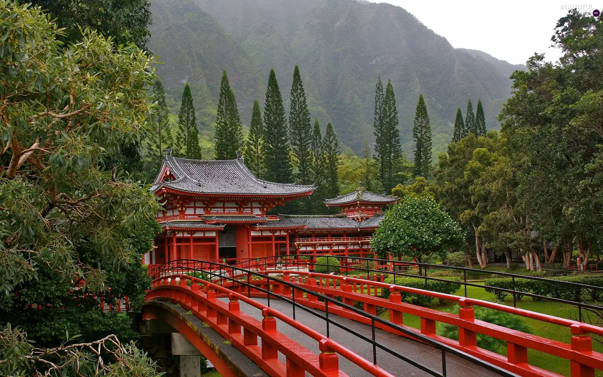 Mountains, temple, Japan, bridge