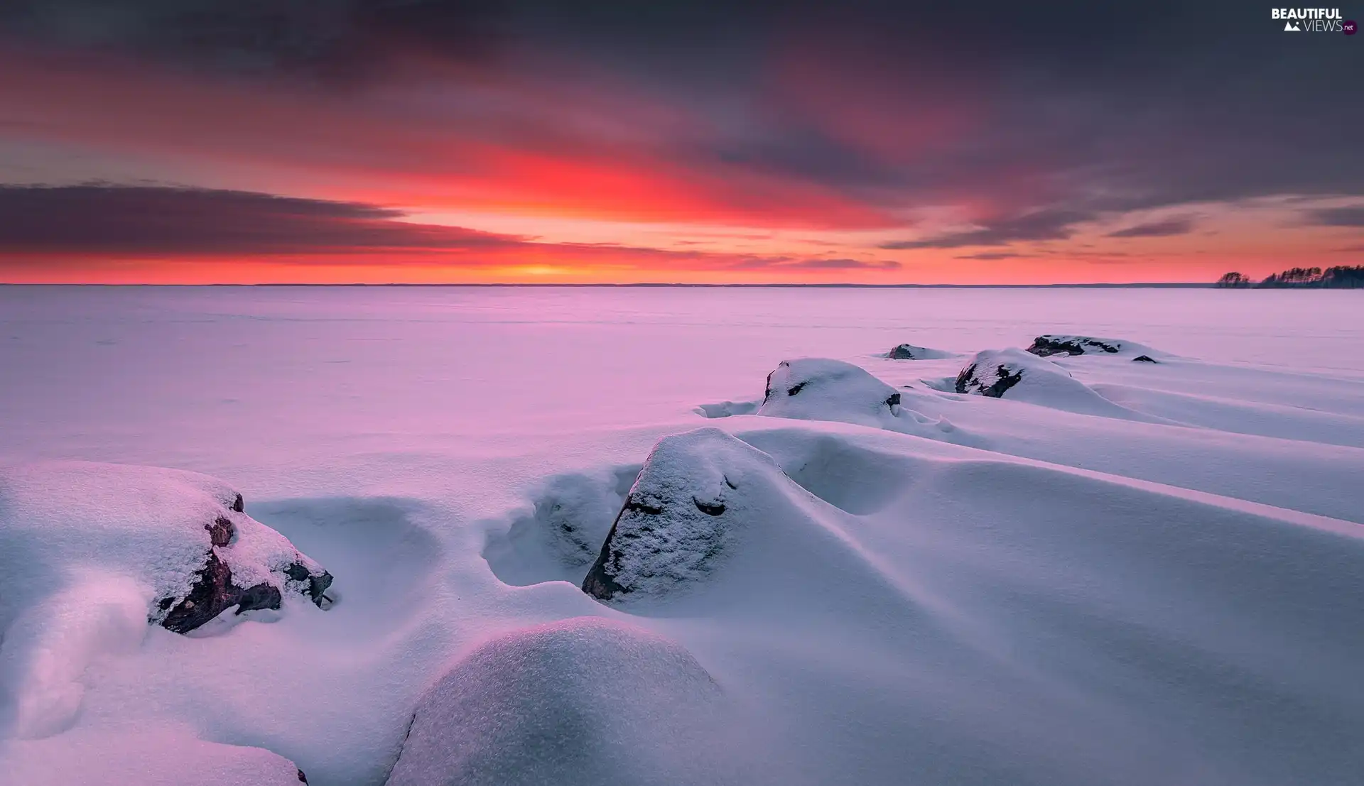 Joensuu, lake, rocks, Great Sunsets, snow, North Karelia, Finland, winter