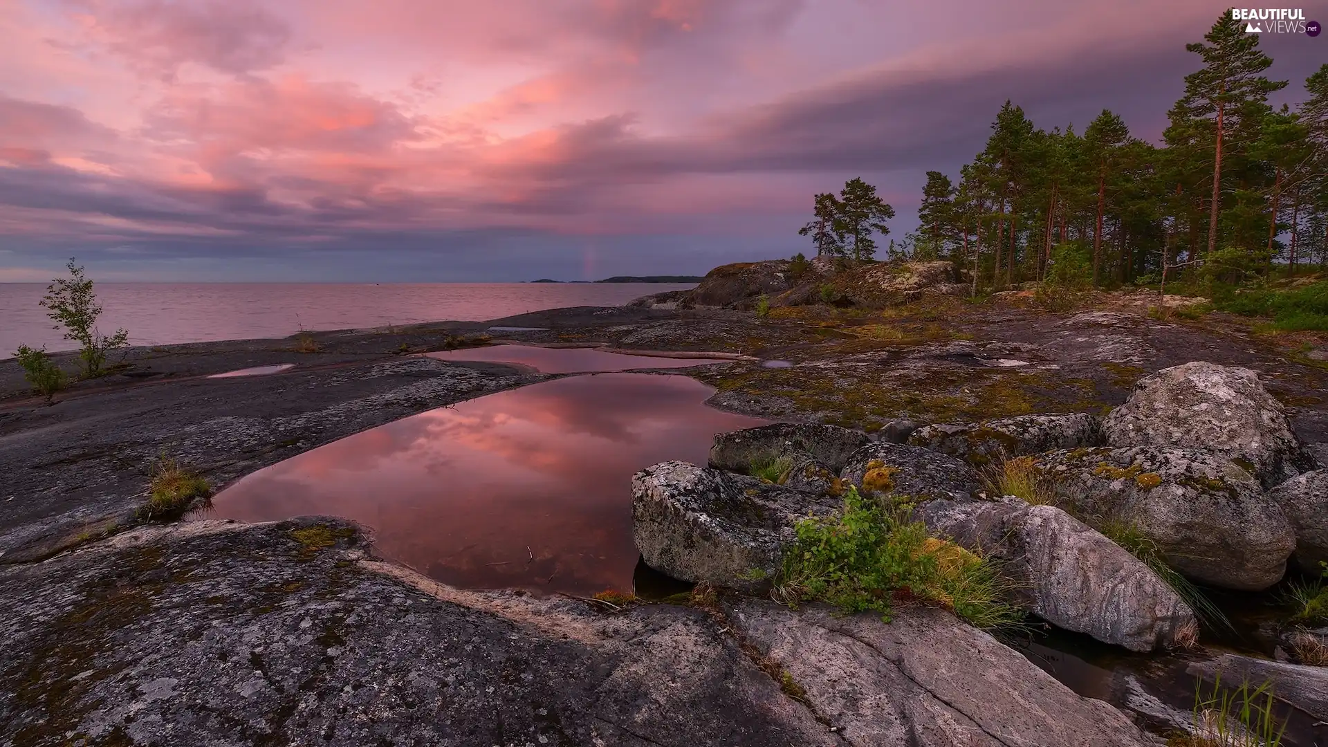 Karelia, Russia, lake, Ladoga, VEGETATION, clouds, trees, viewes, rocks