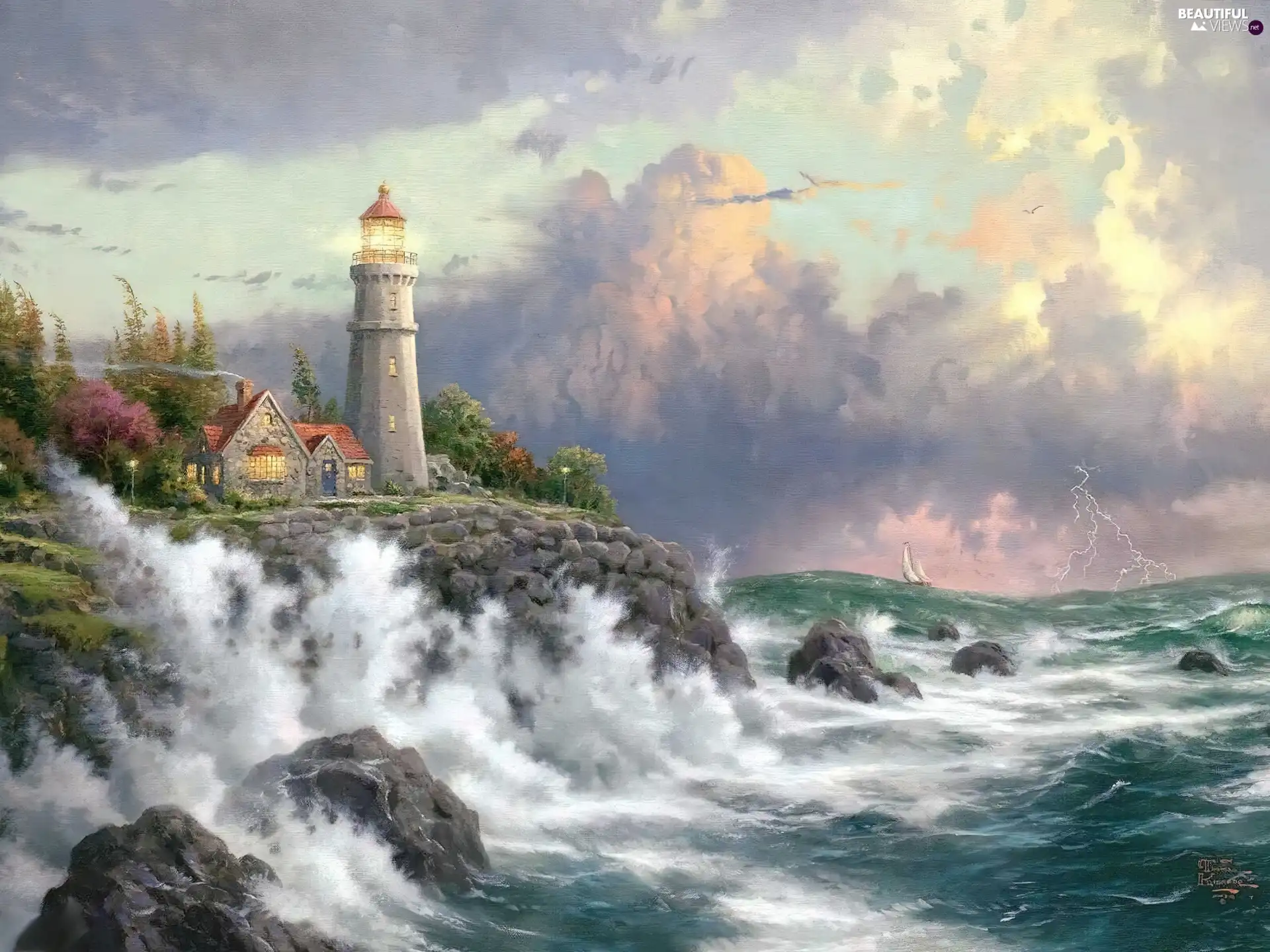 maritime, Sky, Waves, Lighthouse, sea, Coast, Thomas Kinkade