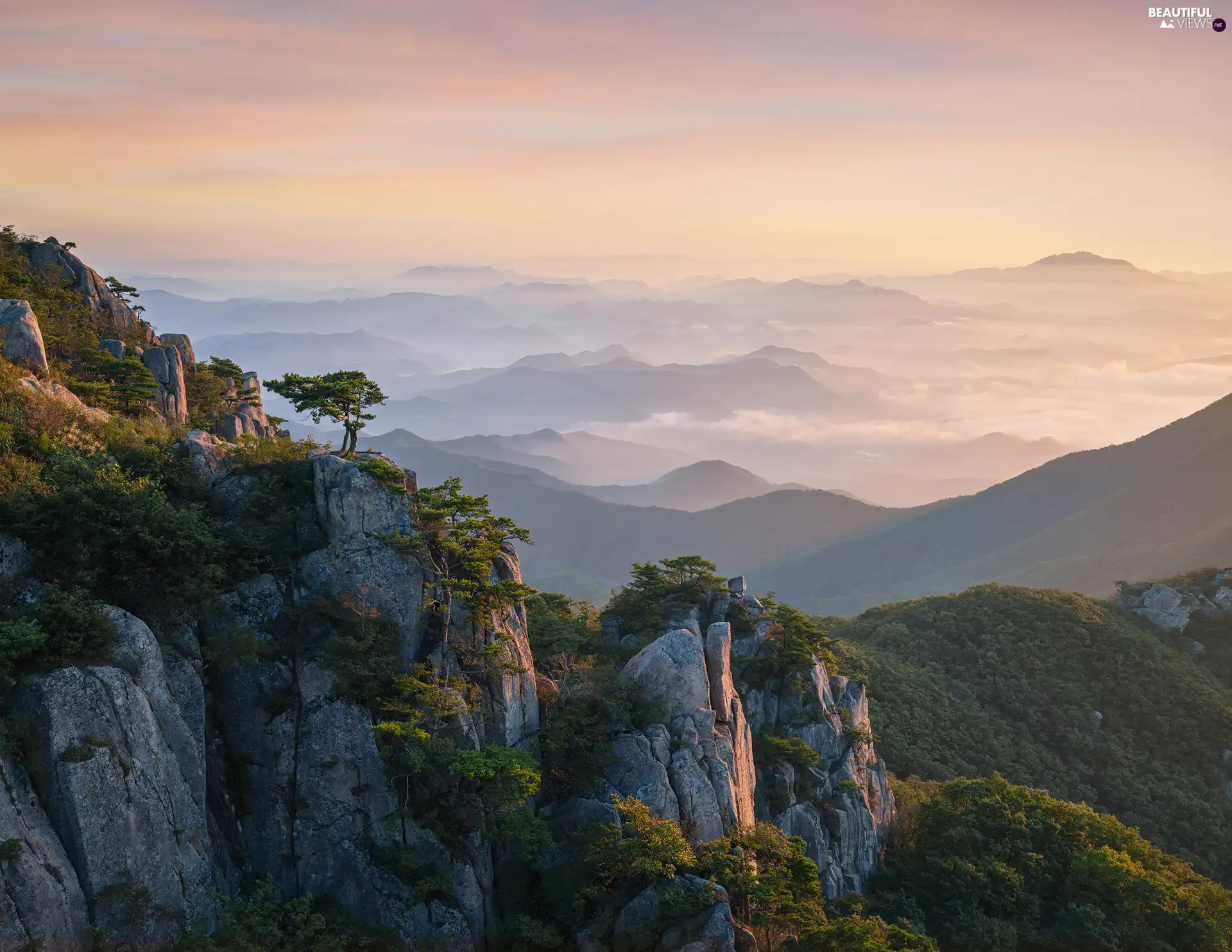 Sunrise, trees, South Korea, viewes, North Jeolla Province, Mountains, Daedunsan Provincial Park, rocks