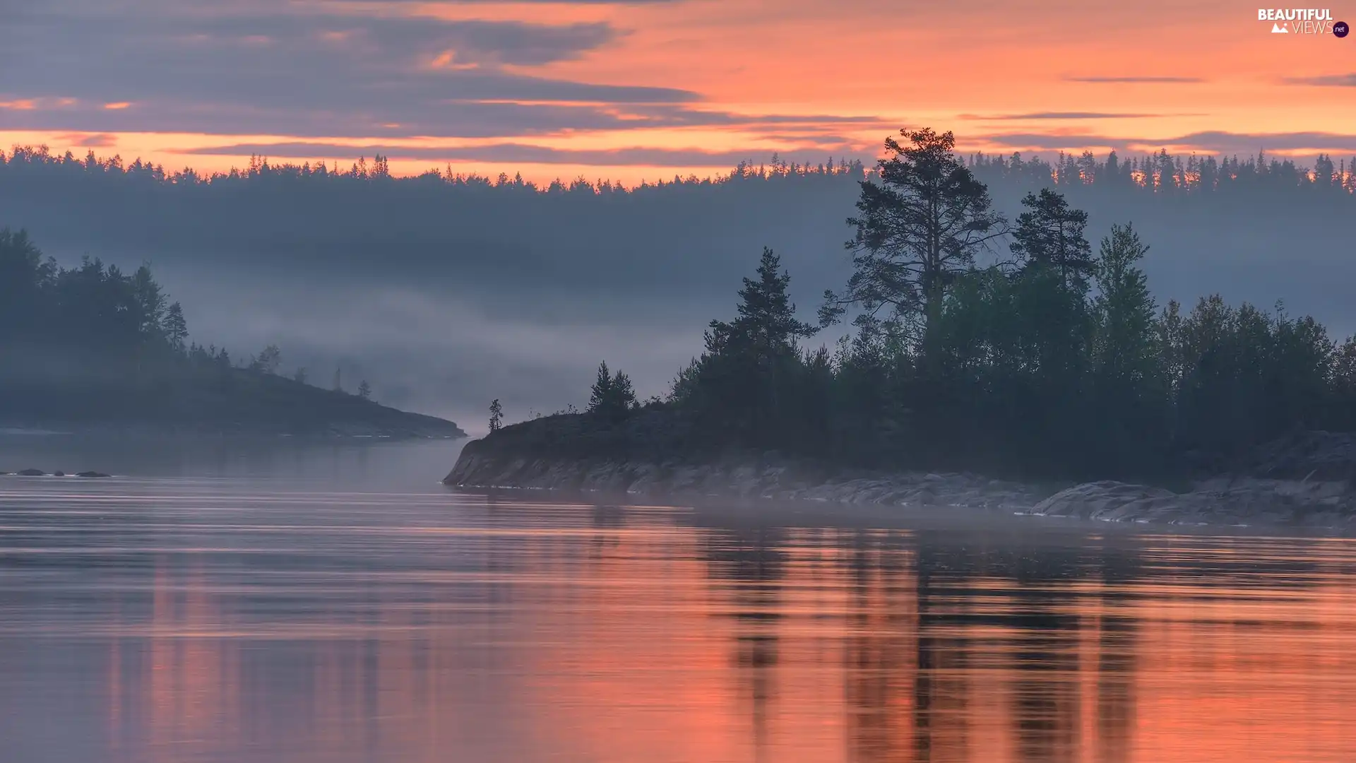 Ladoga, lake, Island, trees, Karelia, Russia, Fog, Sunrise, viewes