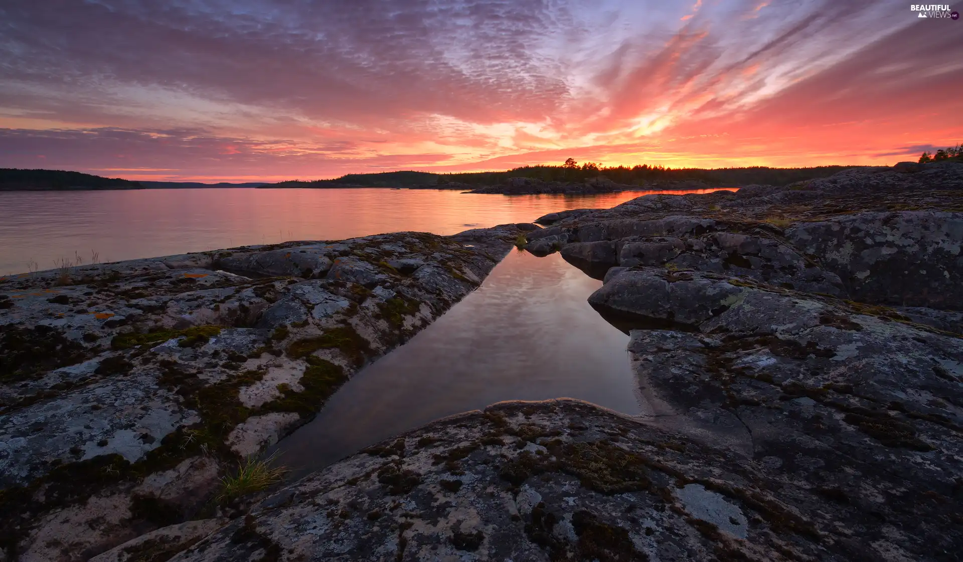 rocks, Russia, trees, viewes, Great Sunsets, Lake Ladoga