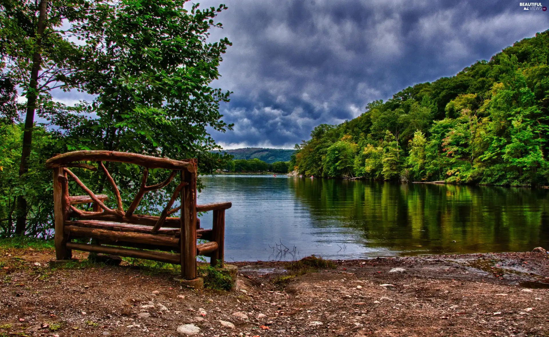 lake, Bench, Mountains, woods, clouds