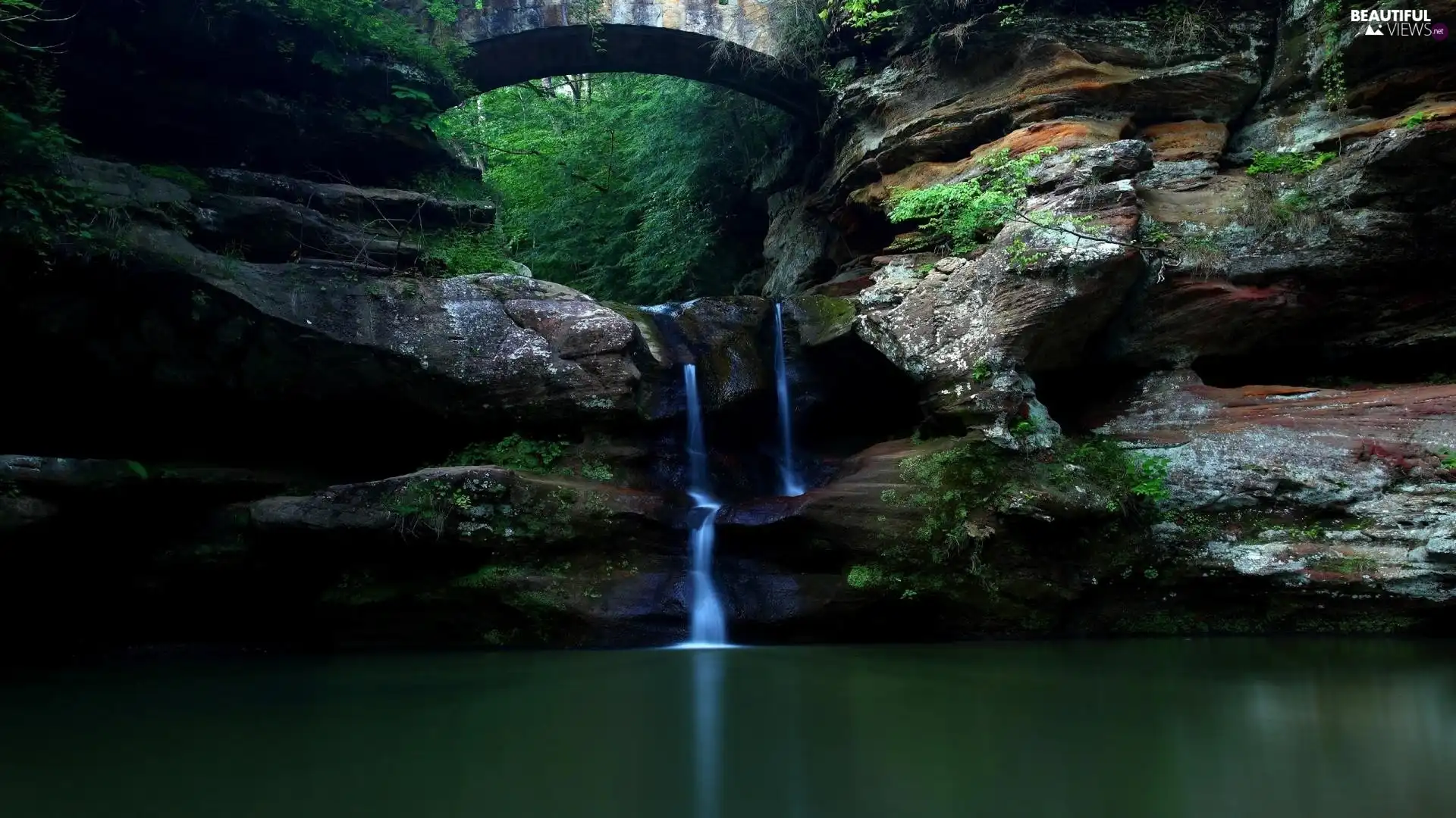 cave, rocks, lake, waterfall