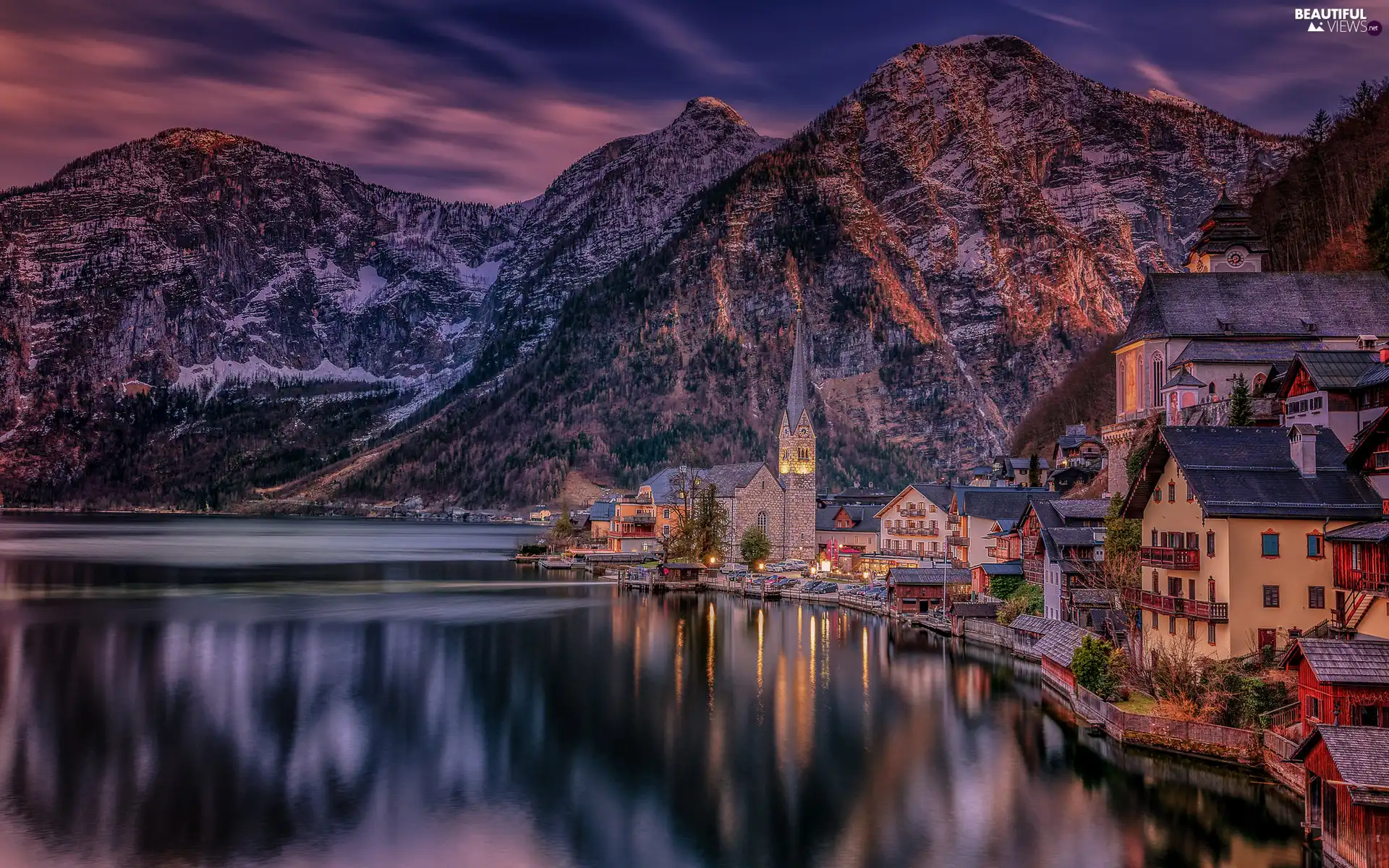 Mountains, Salzburg Slate Alps, morning, Hallstattersee Lake, Church, Hallstatt, Austria, Houses