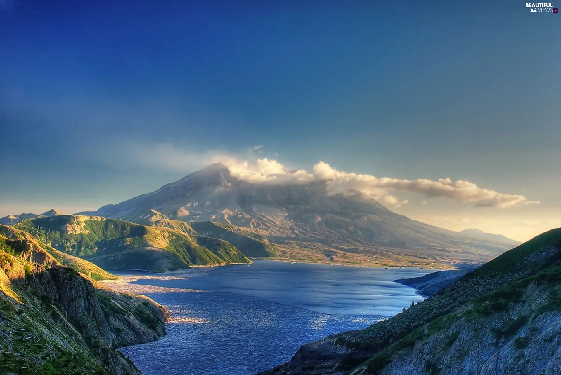 lake, Mountains, clouds