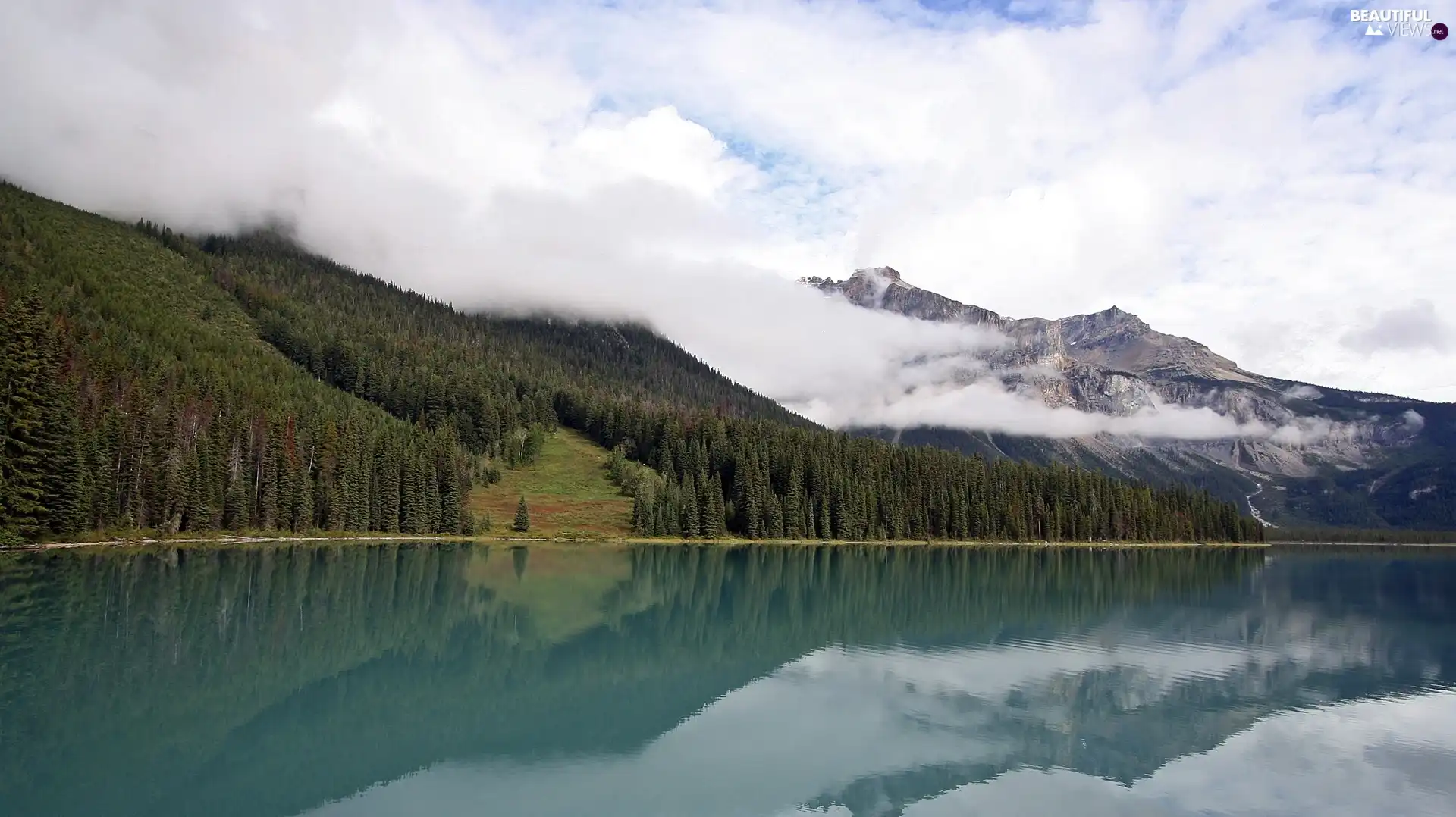 lake, Mountains, clouds