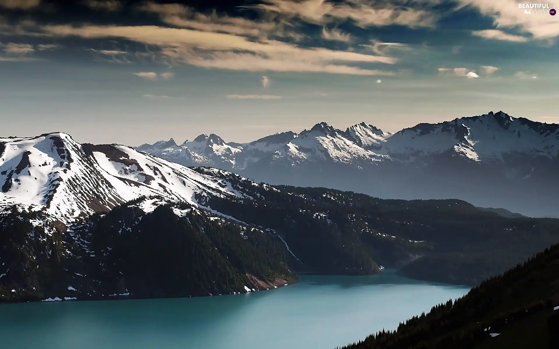 lake, clouds, height, snow, mountains