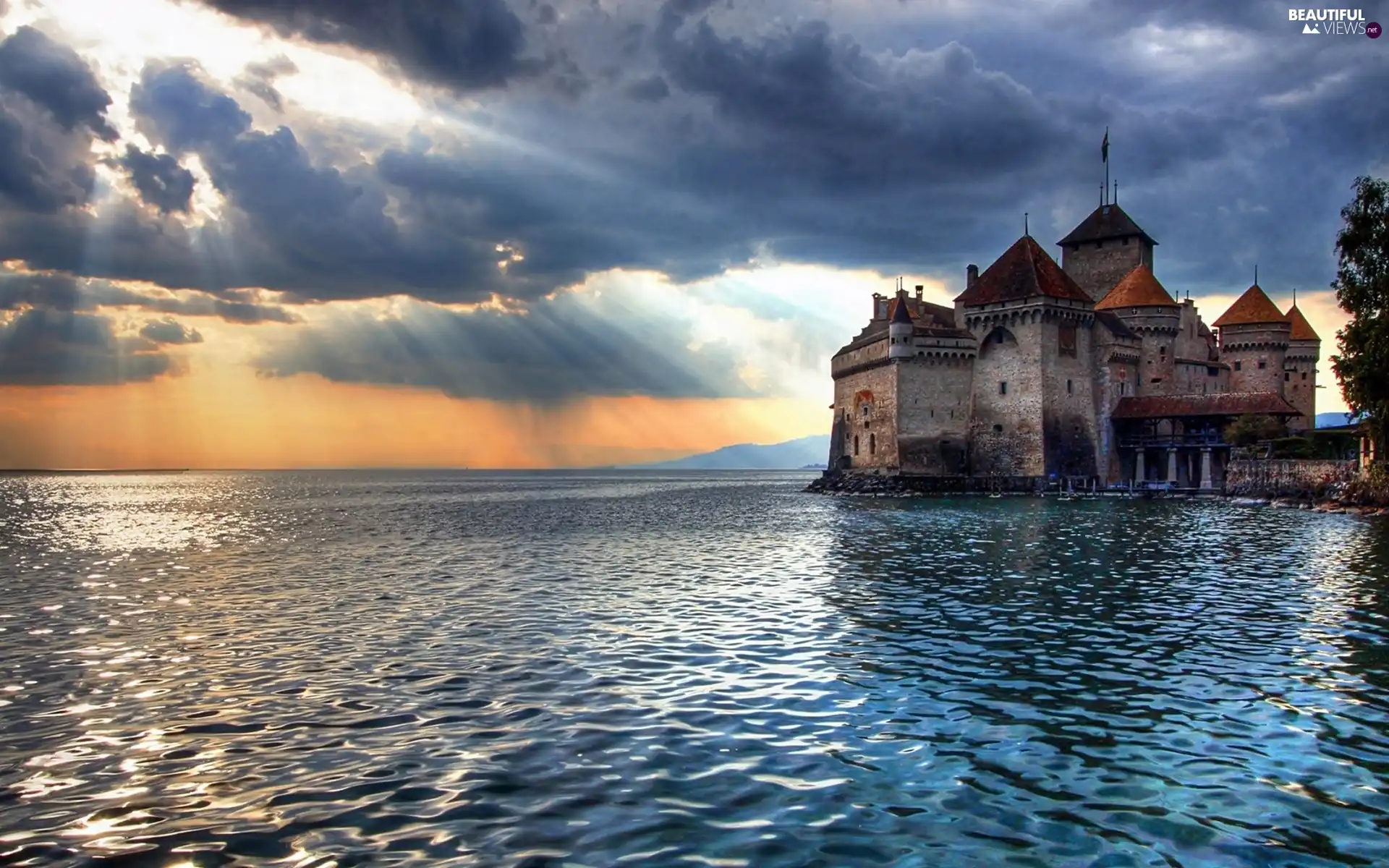 ligh, Chillon, Geneva, flash, clouds, Castle, lake, luminosity, sun, Przebijające