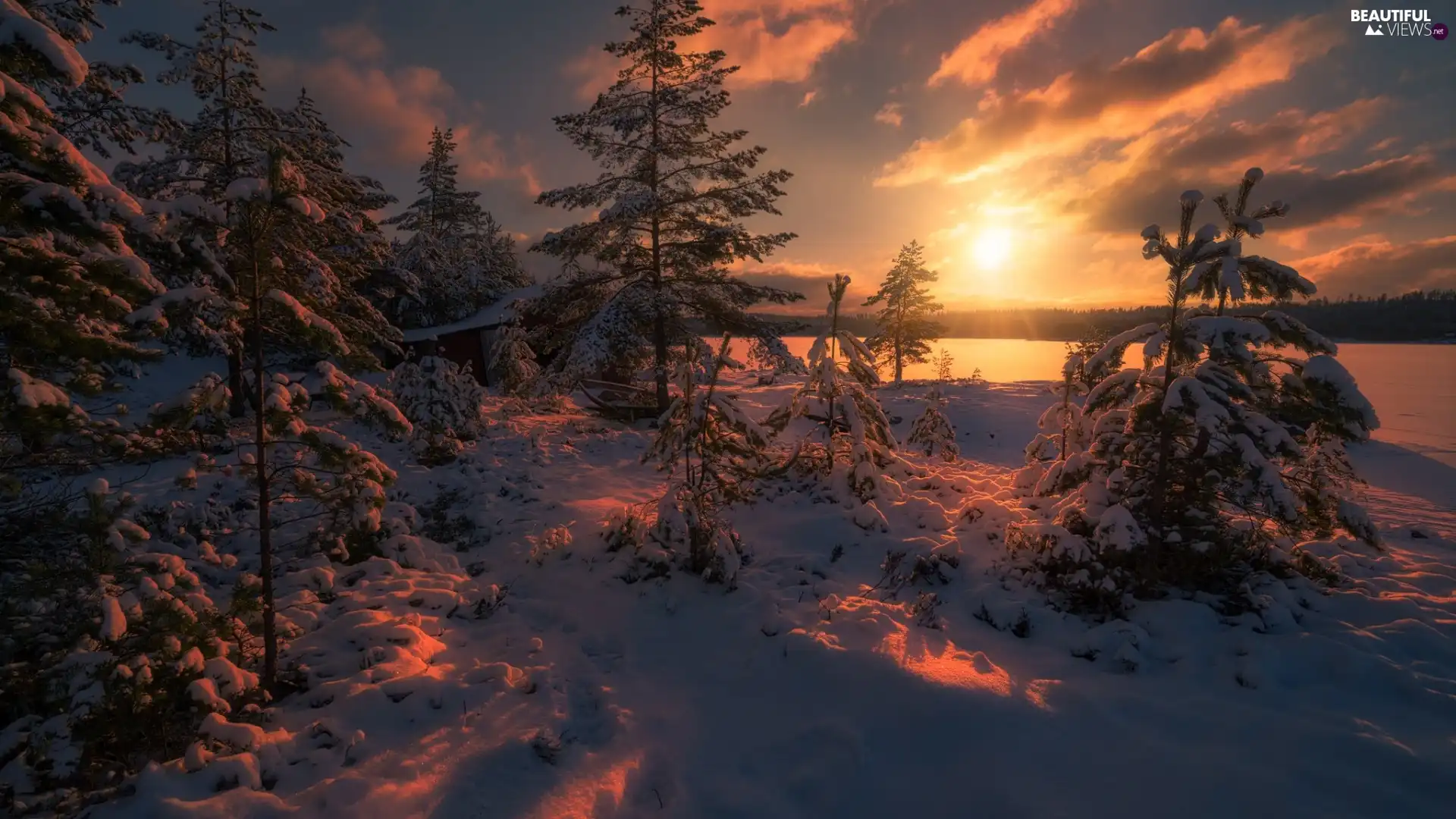 viewes, Ringerike, Great Sunsets, wooden, lake, Norway, winter, House, Boat, trees