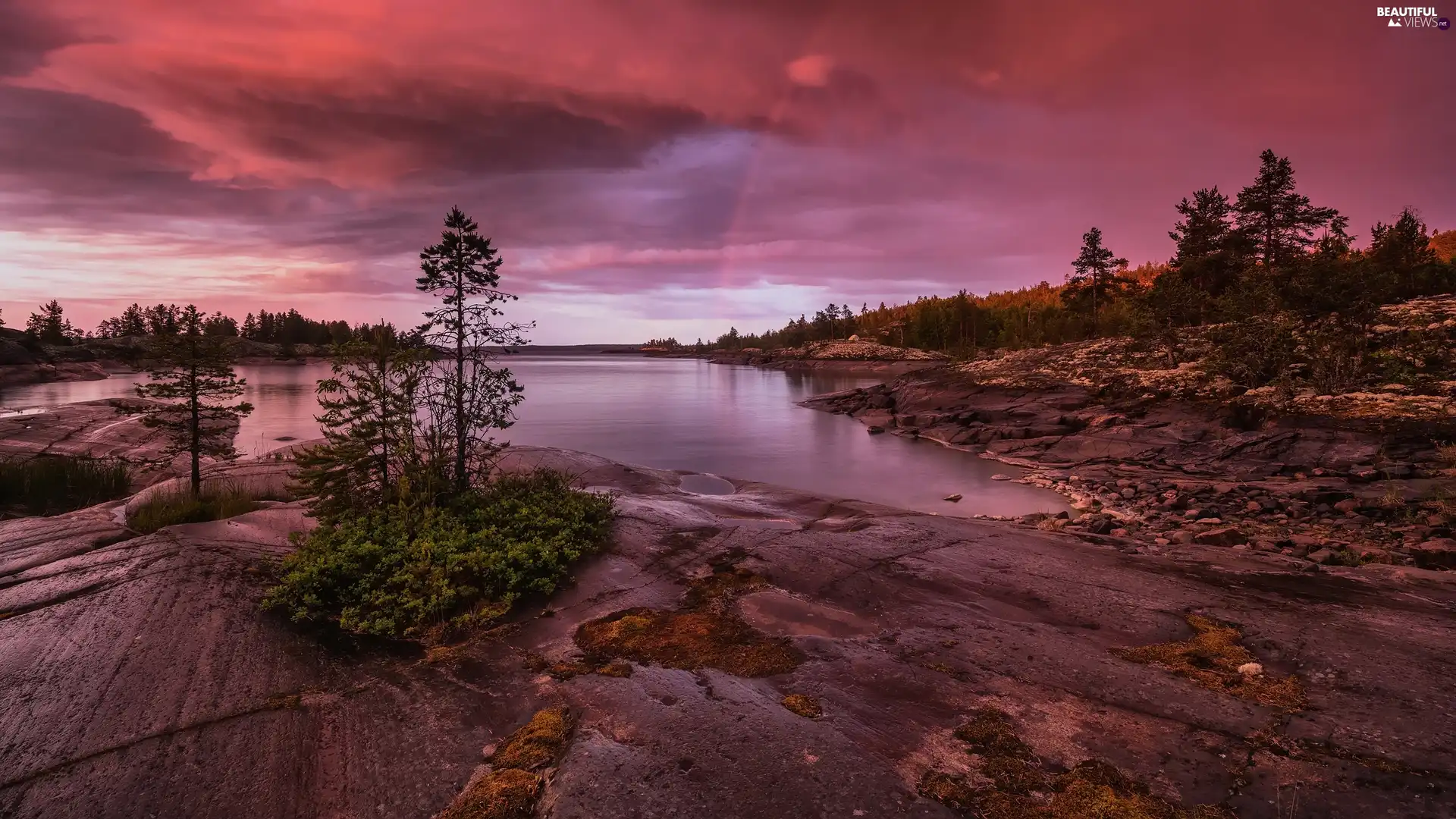 lake, Ladoga, Great Rainbows, rocks, viewes, Karelia, Russia, trees