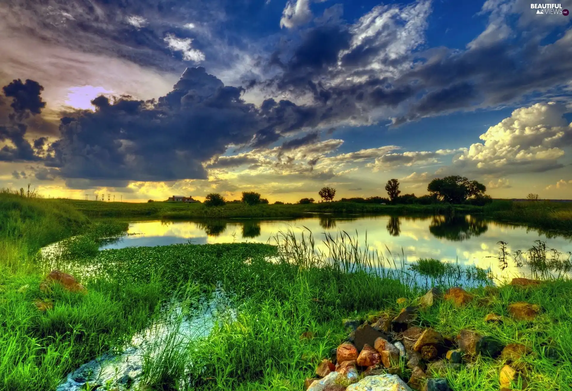 lake, Meadow, sun, clouds, west