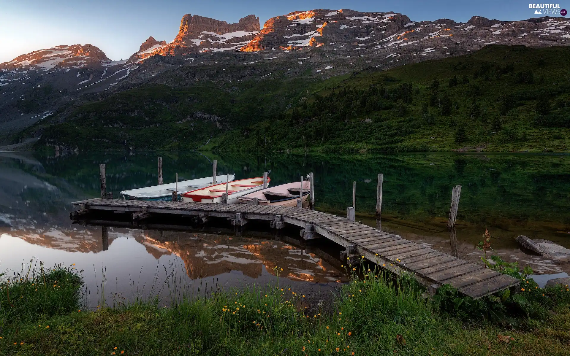 Mountains, Platform, boats, lake