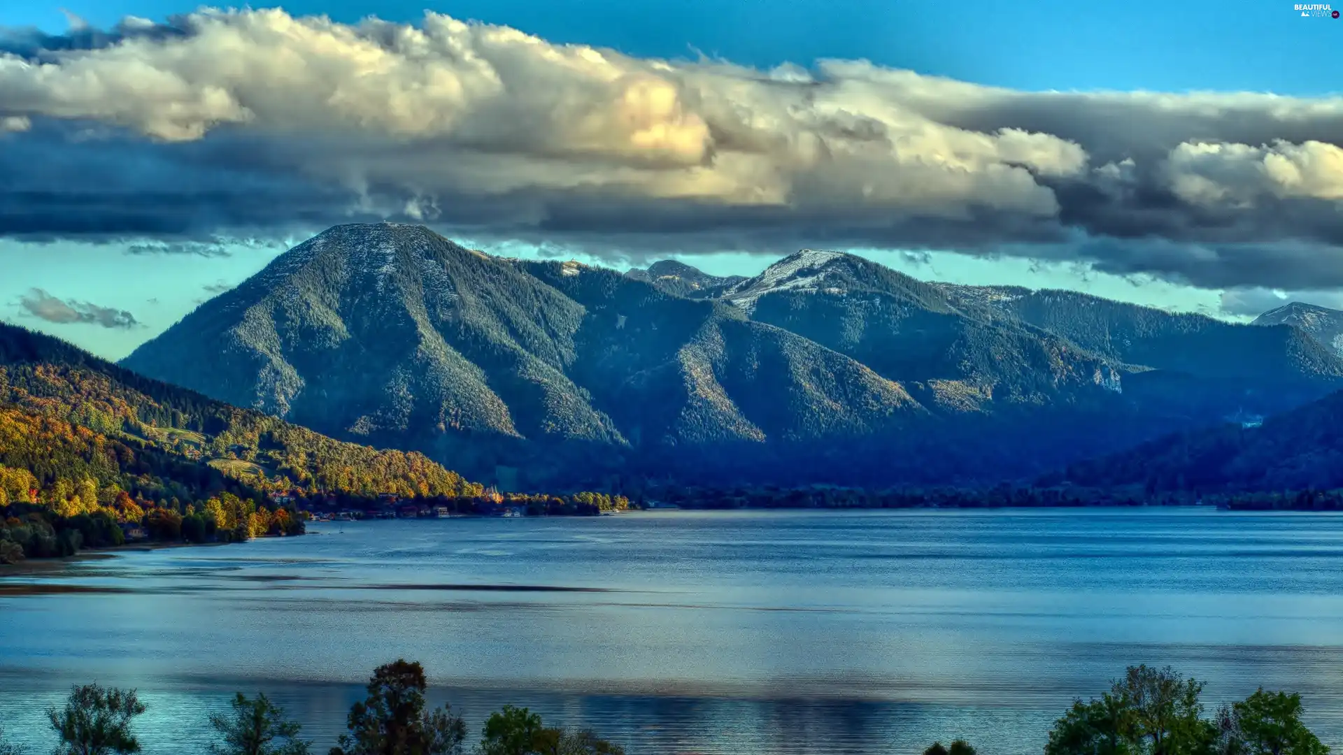 lake, clouds, Mountains