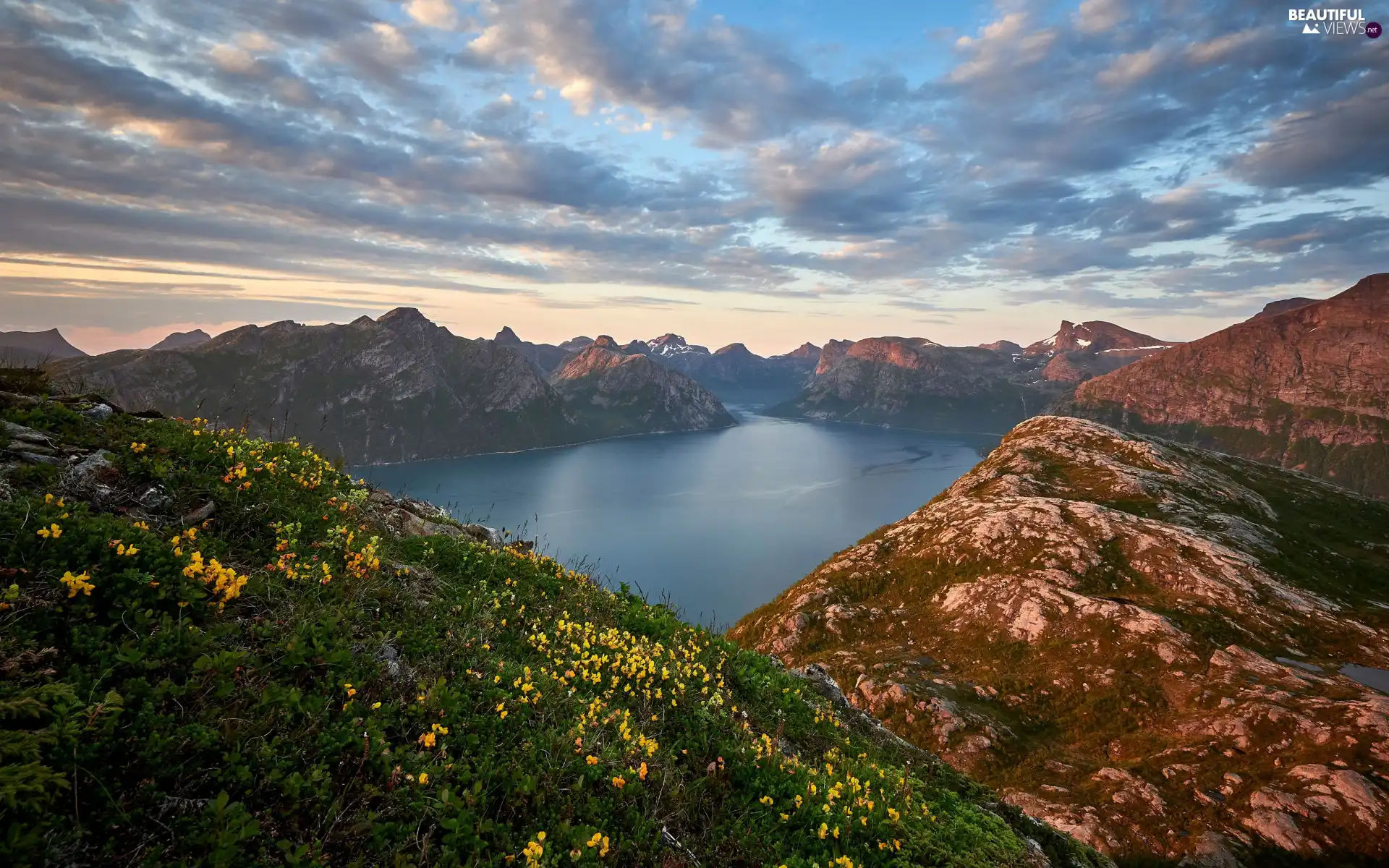 Mountains, Plants, clouds, lake