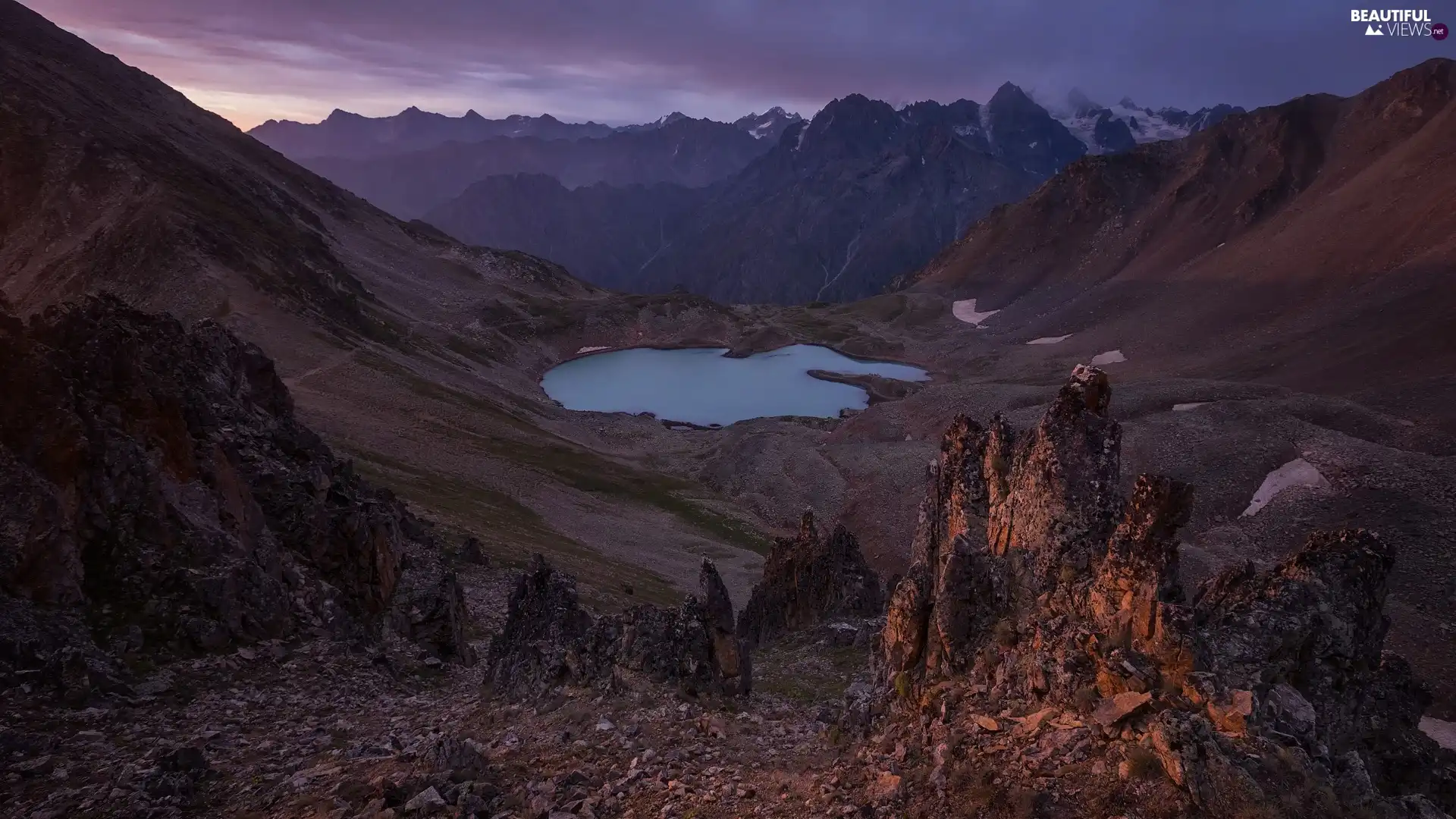 Mountains, rocks, morning, lake