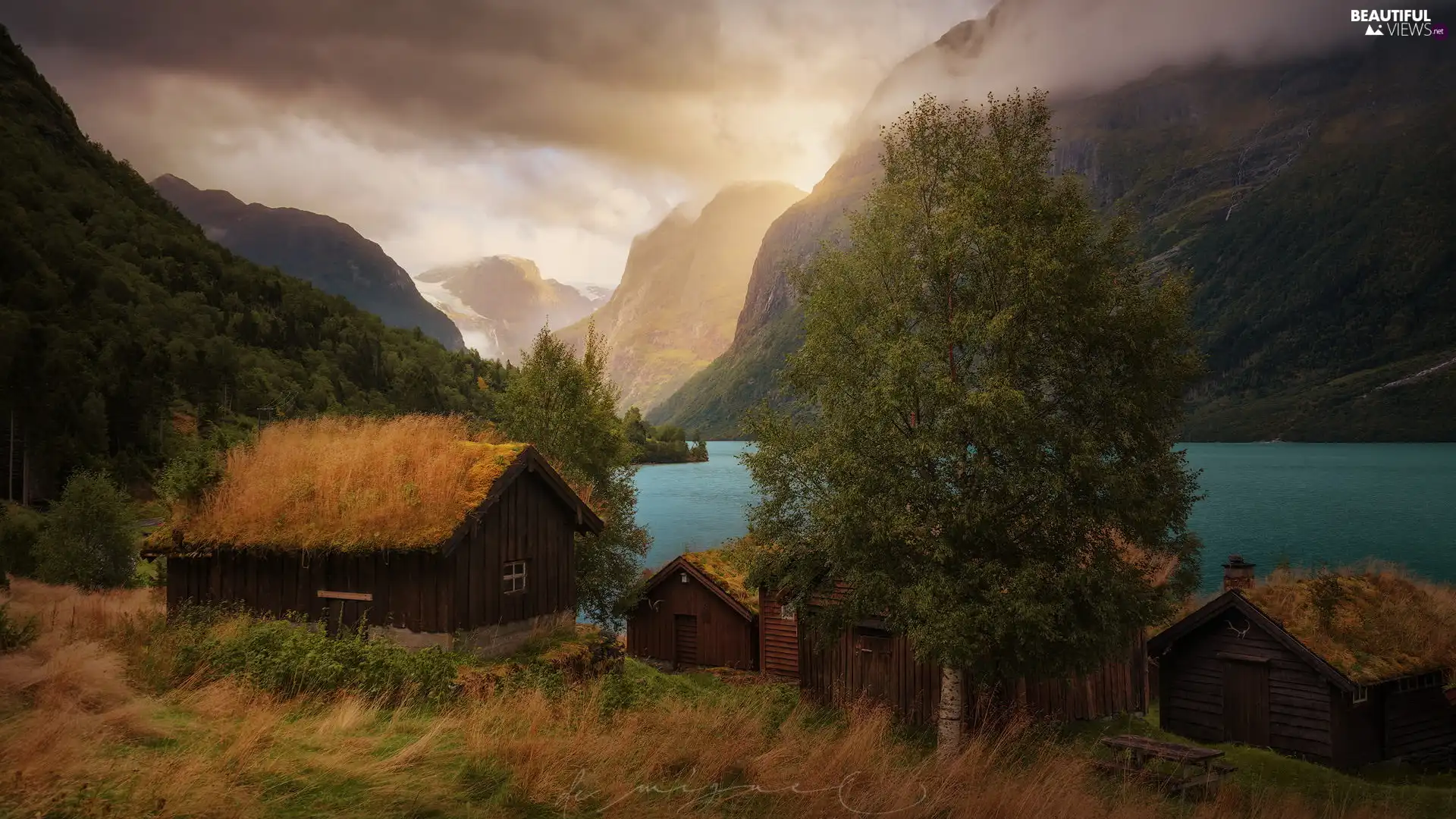 Mountains, Houses, trees, lake