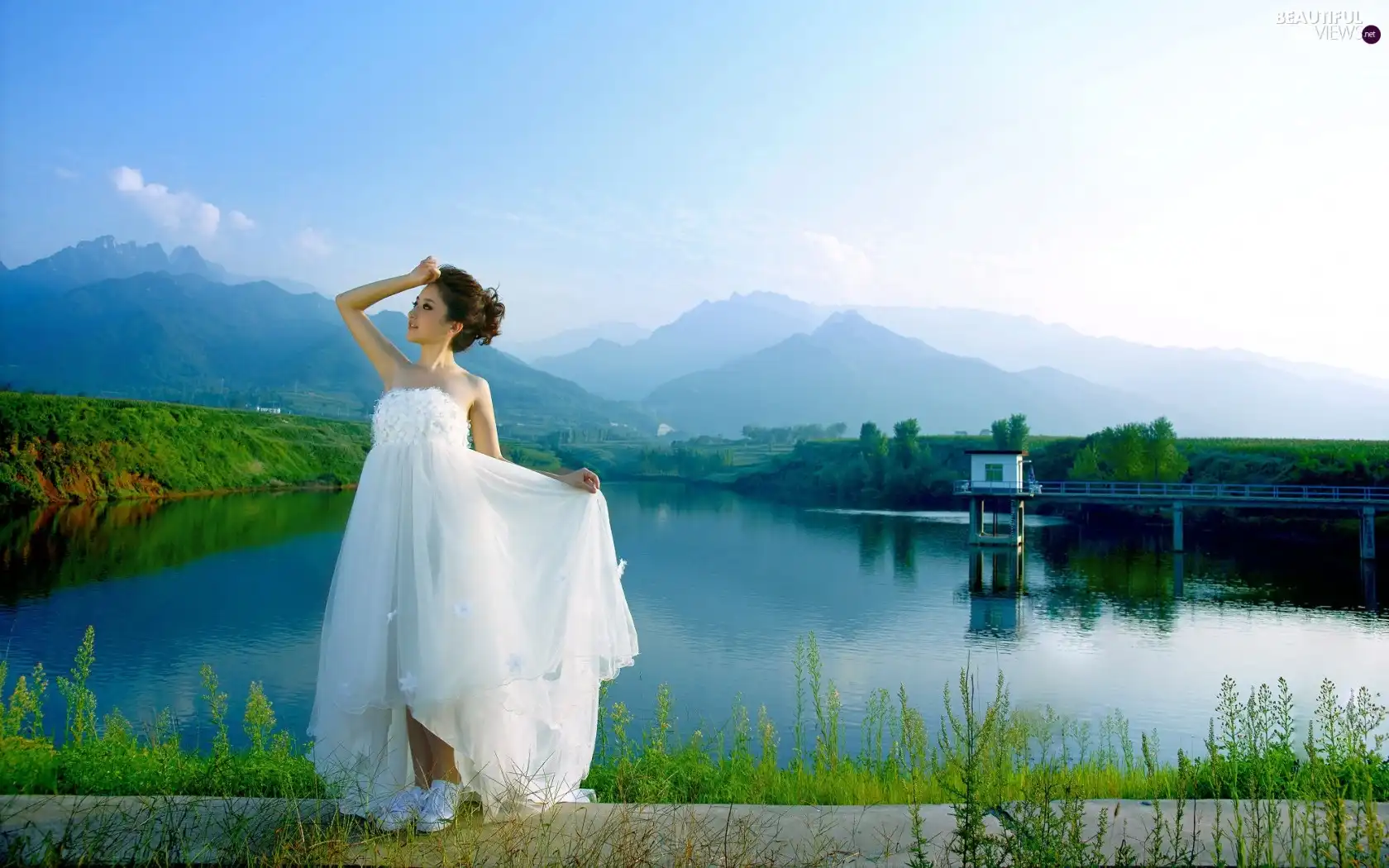 lake, Mountains, White, dress, Women