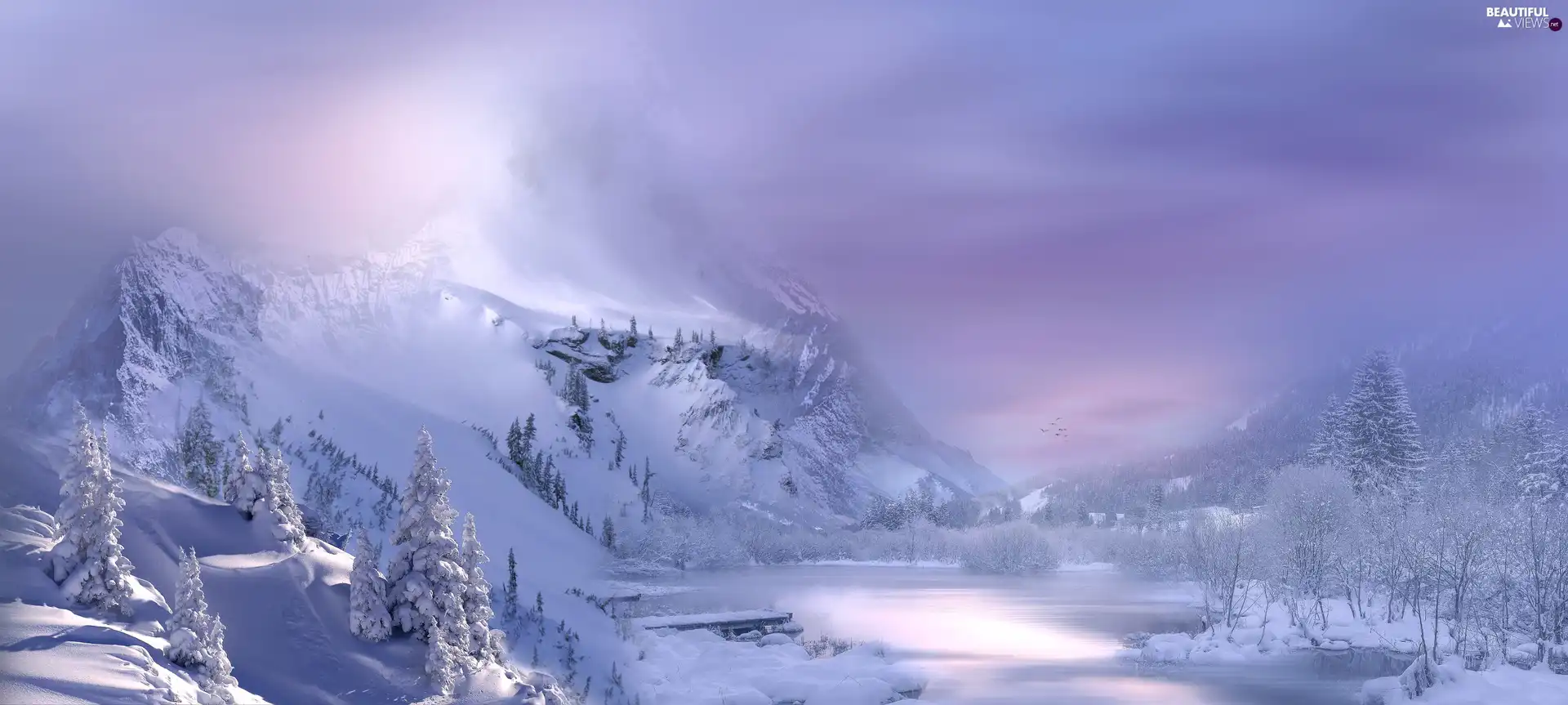 Snowy, trees, photomontage, viewes, Platform, Mountains, winter, lake
