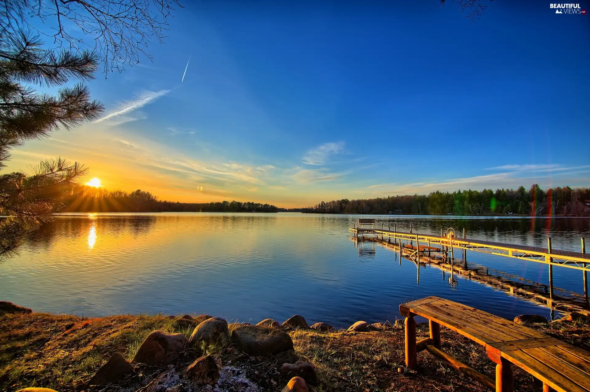 Platform, Sunrise, lake, Sky