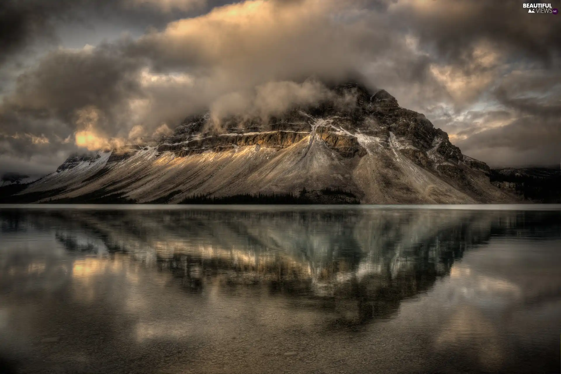 lake, clouds, rocks