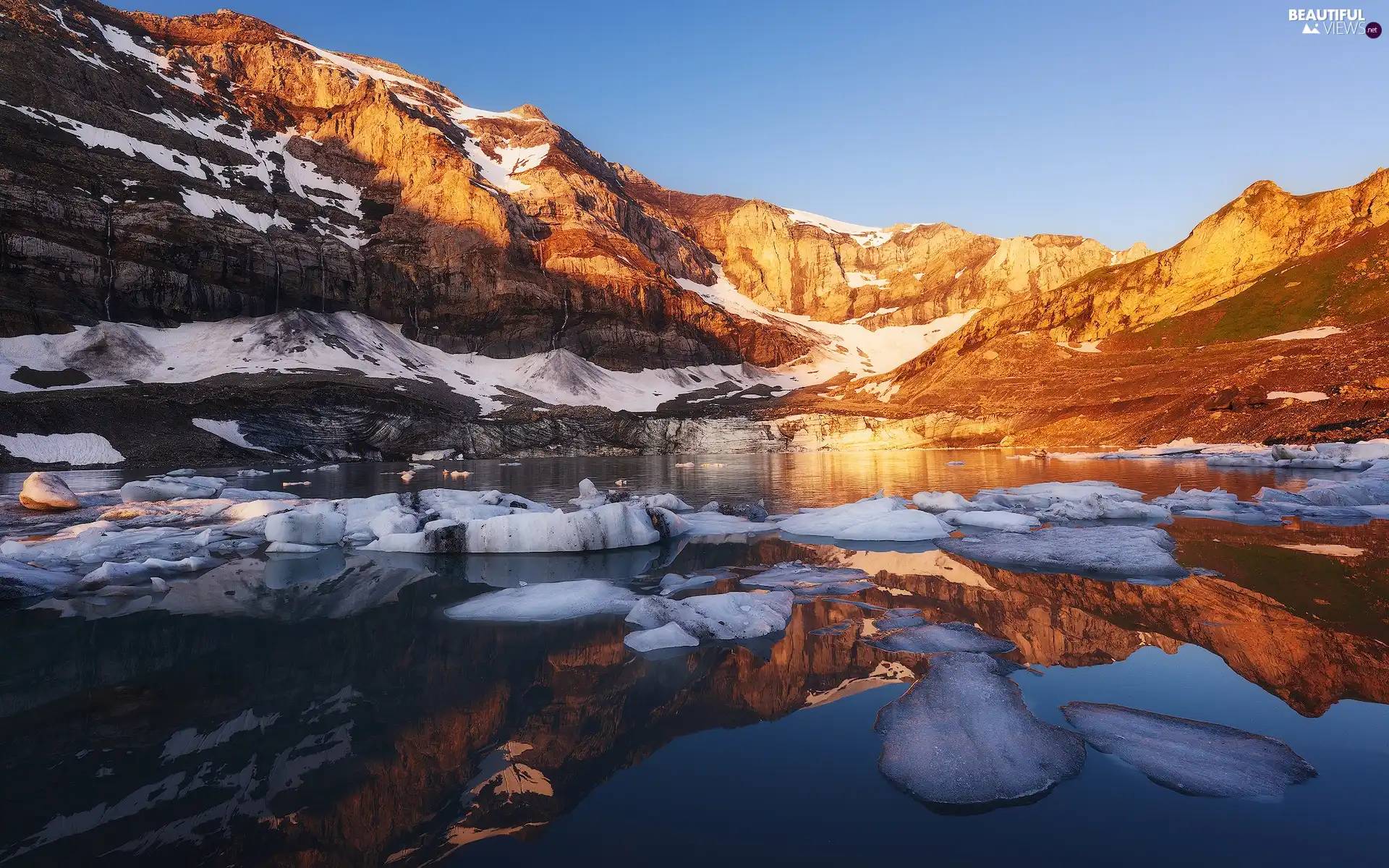 reflection, lake, rocks, snow, Mountains