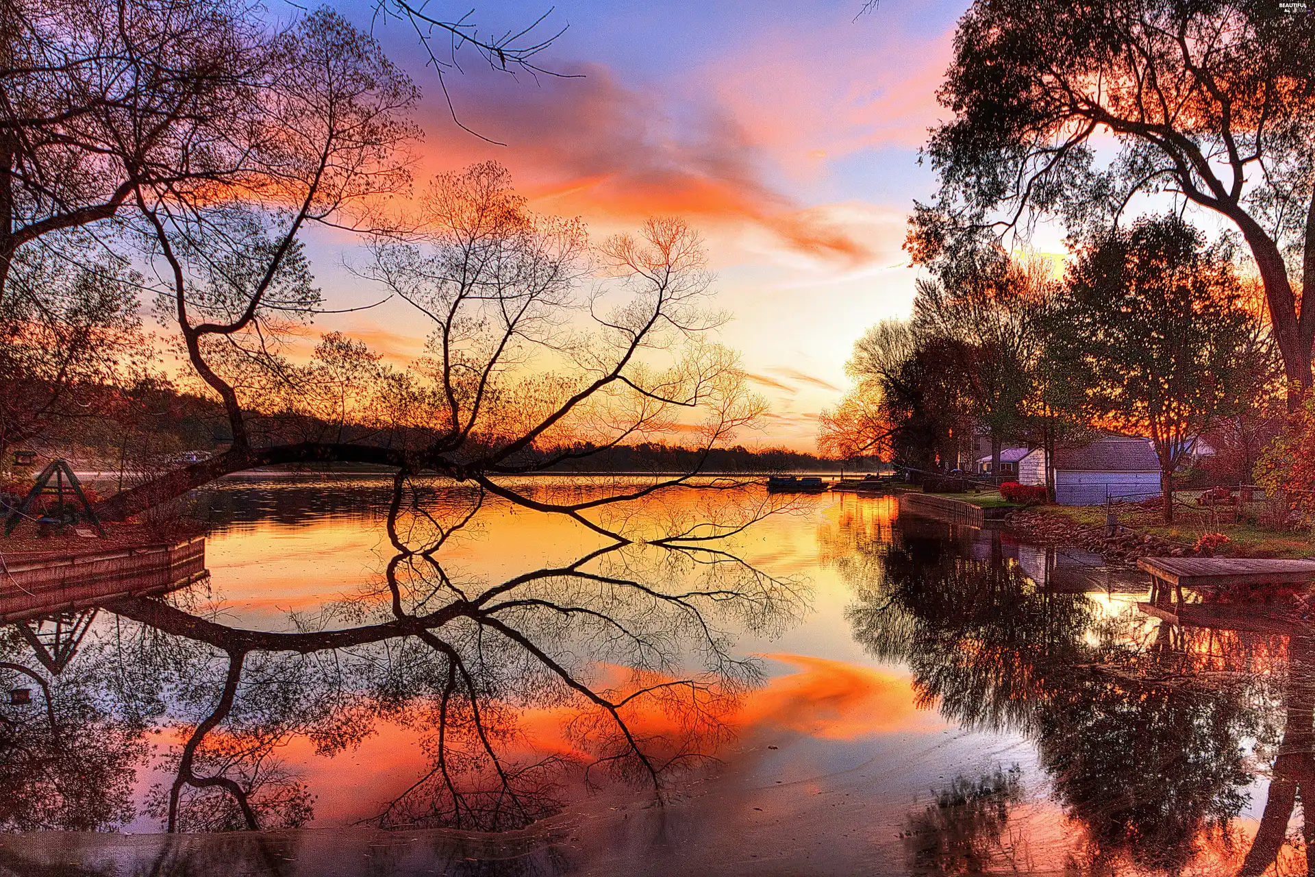 Sky, sun, lake, west