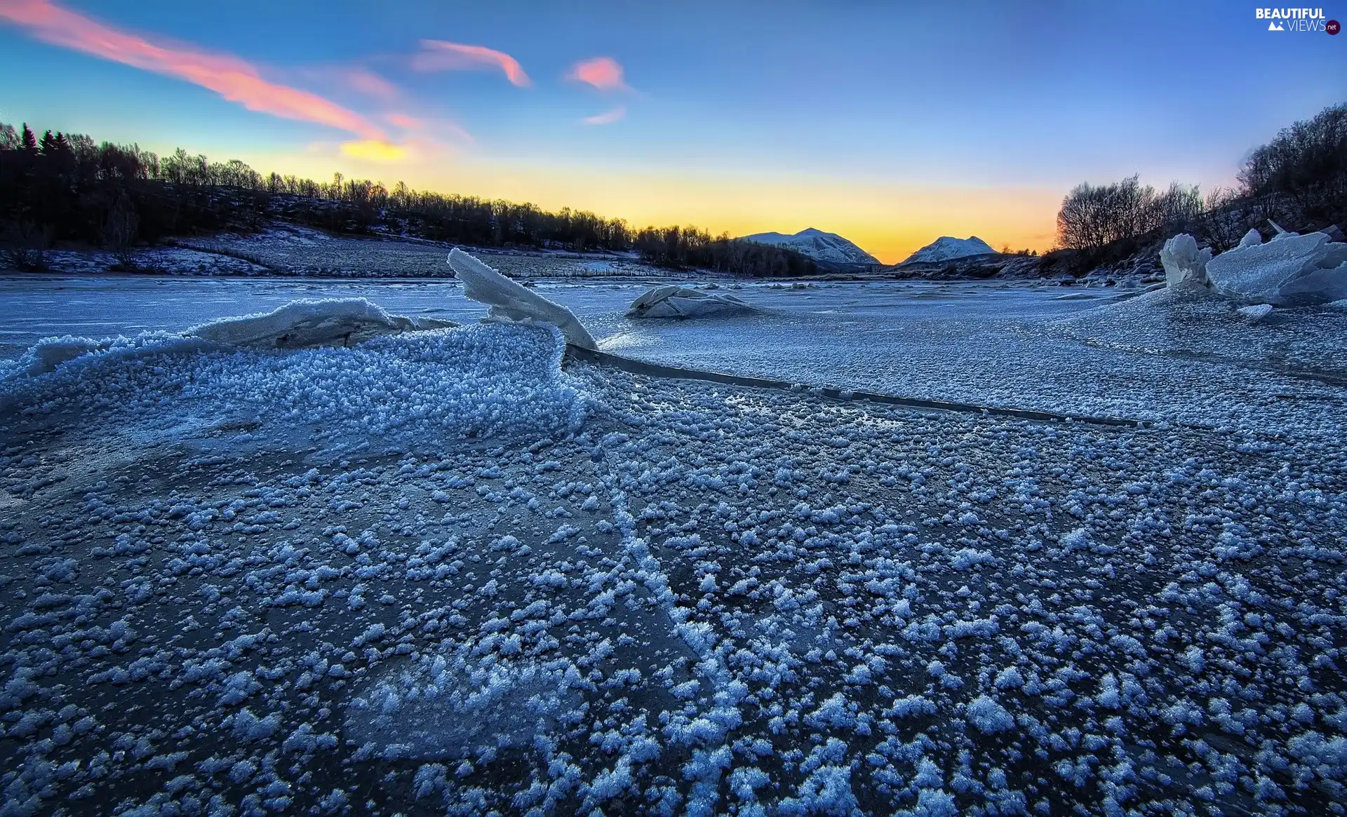 lake, Sky, sun, frozen, west