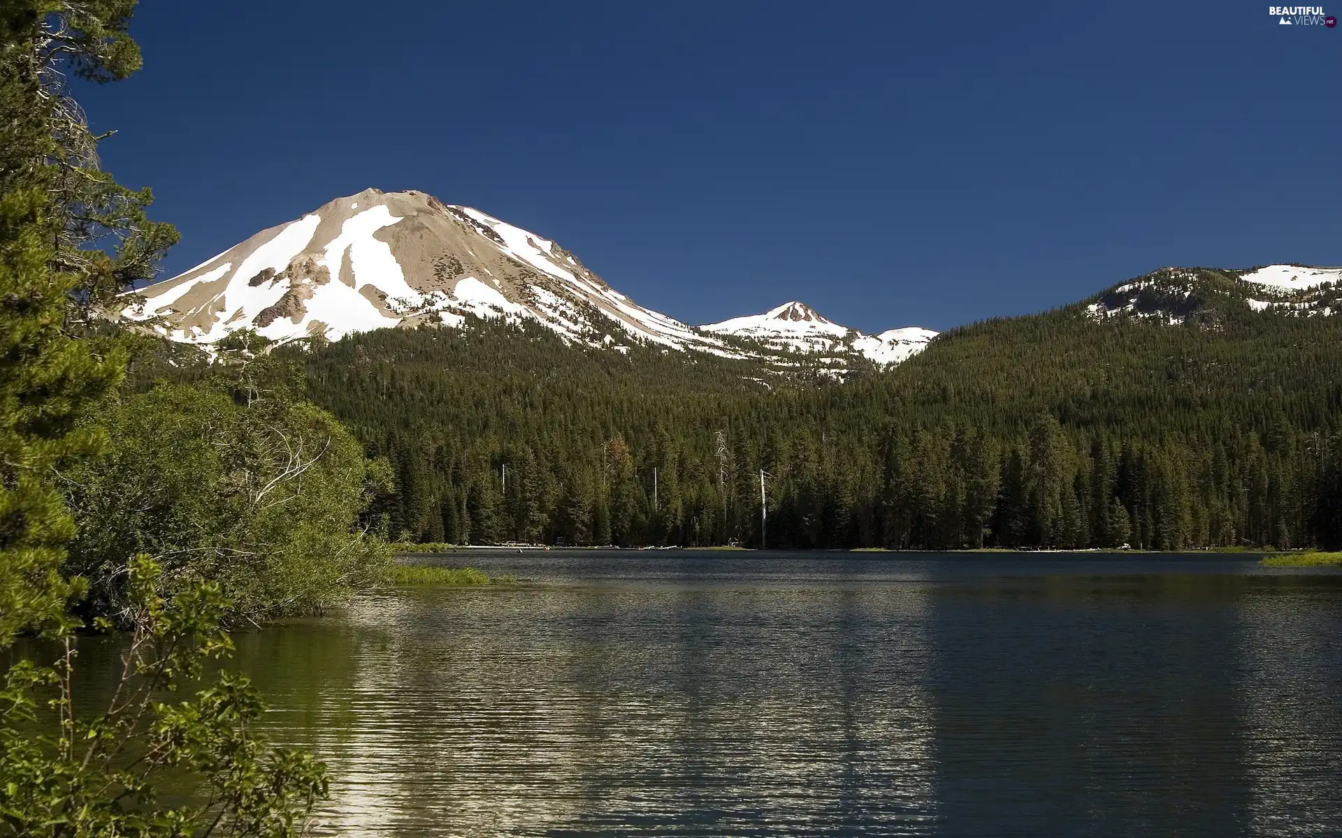 Sky, woods, lake, Mountains