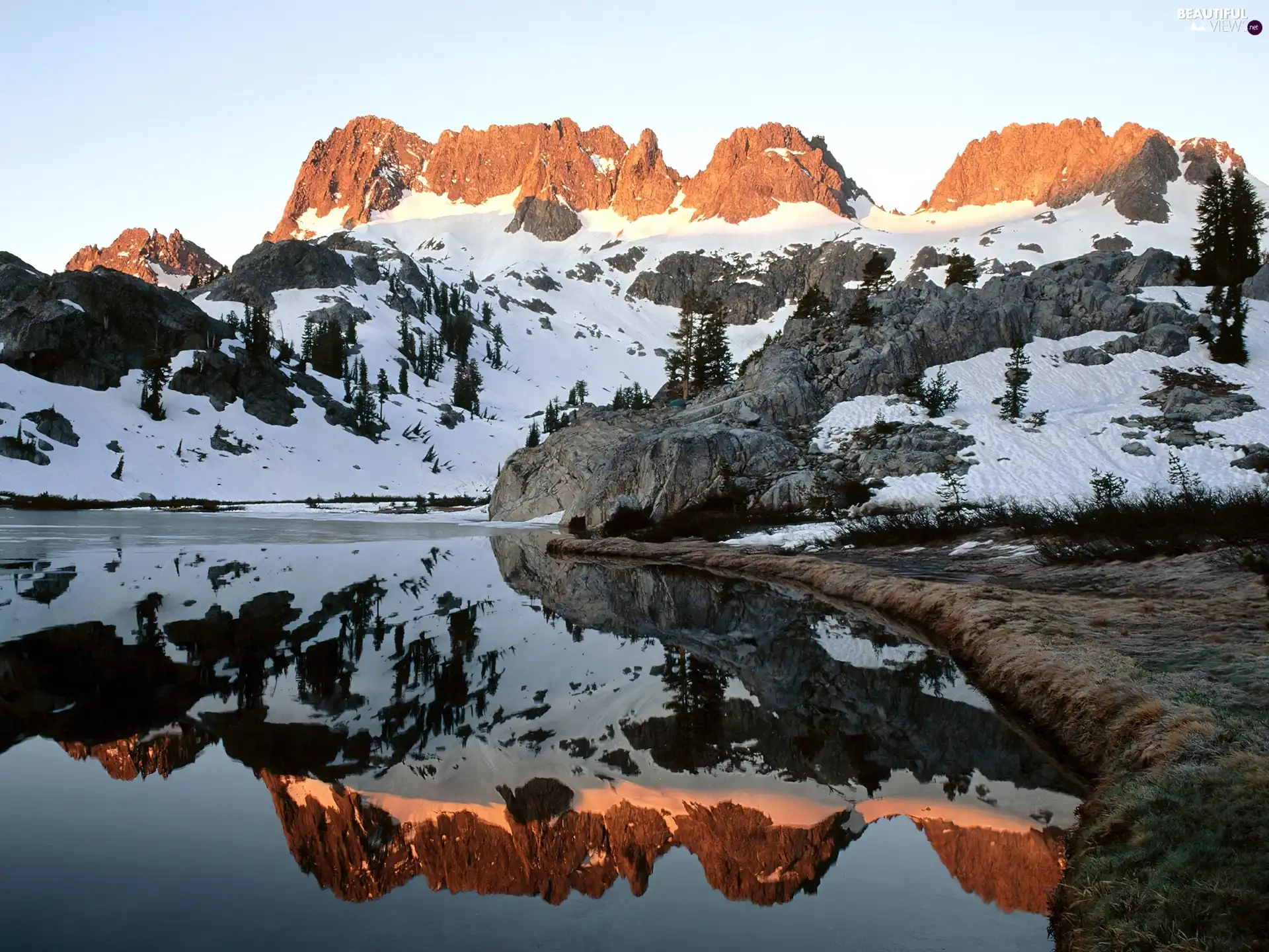 lake, Mountains, snow